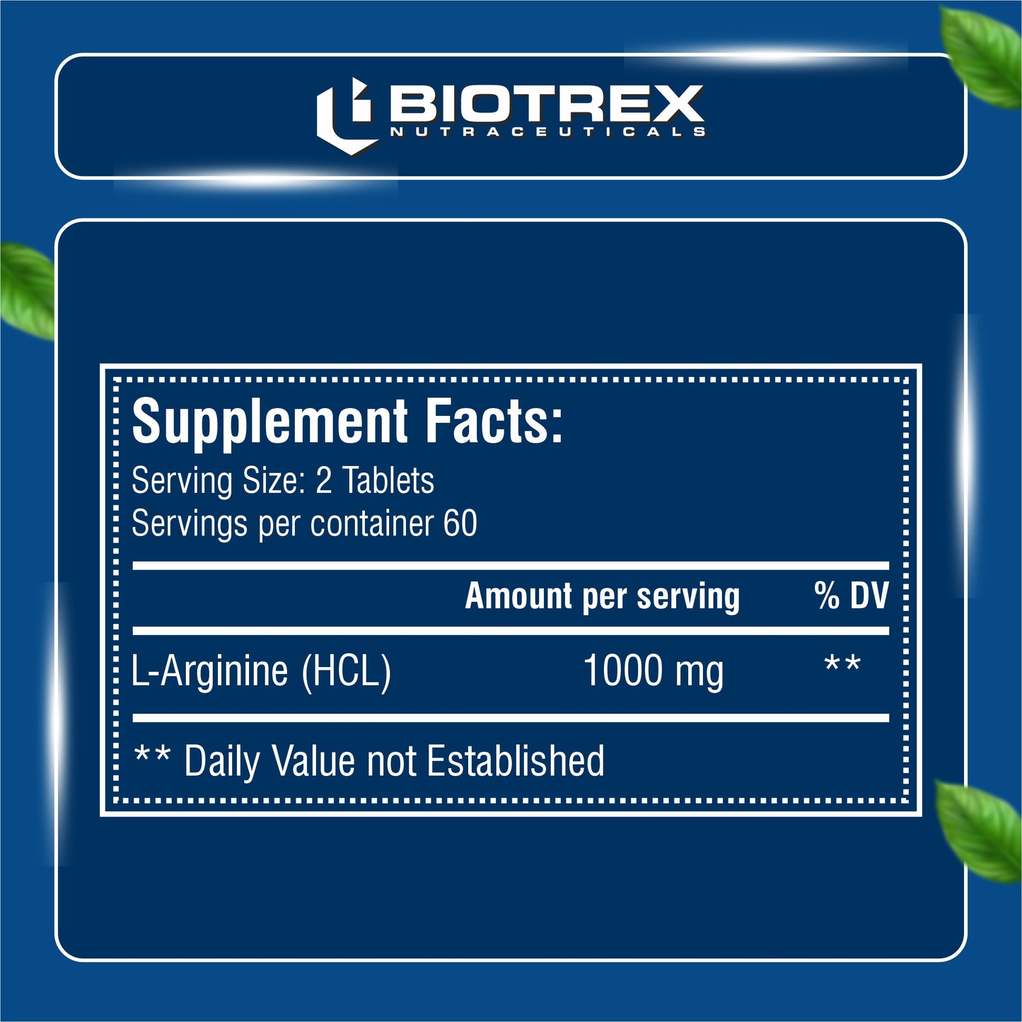 Biotrex L-Arginine 1000mg Supplement, Nitric Oxide Production & Muscle Growth - 120 Tablets
