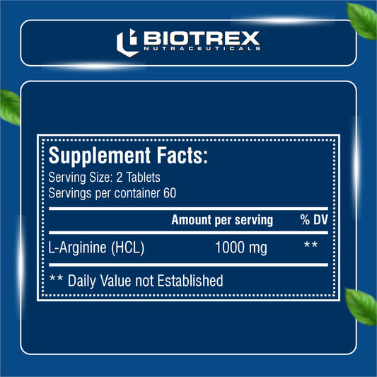 Biotrex L-Arginine 1000mg Supplement, Nitric Oxide Production & Muscle Growth - 120 Tablets