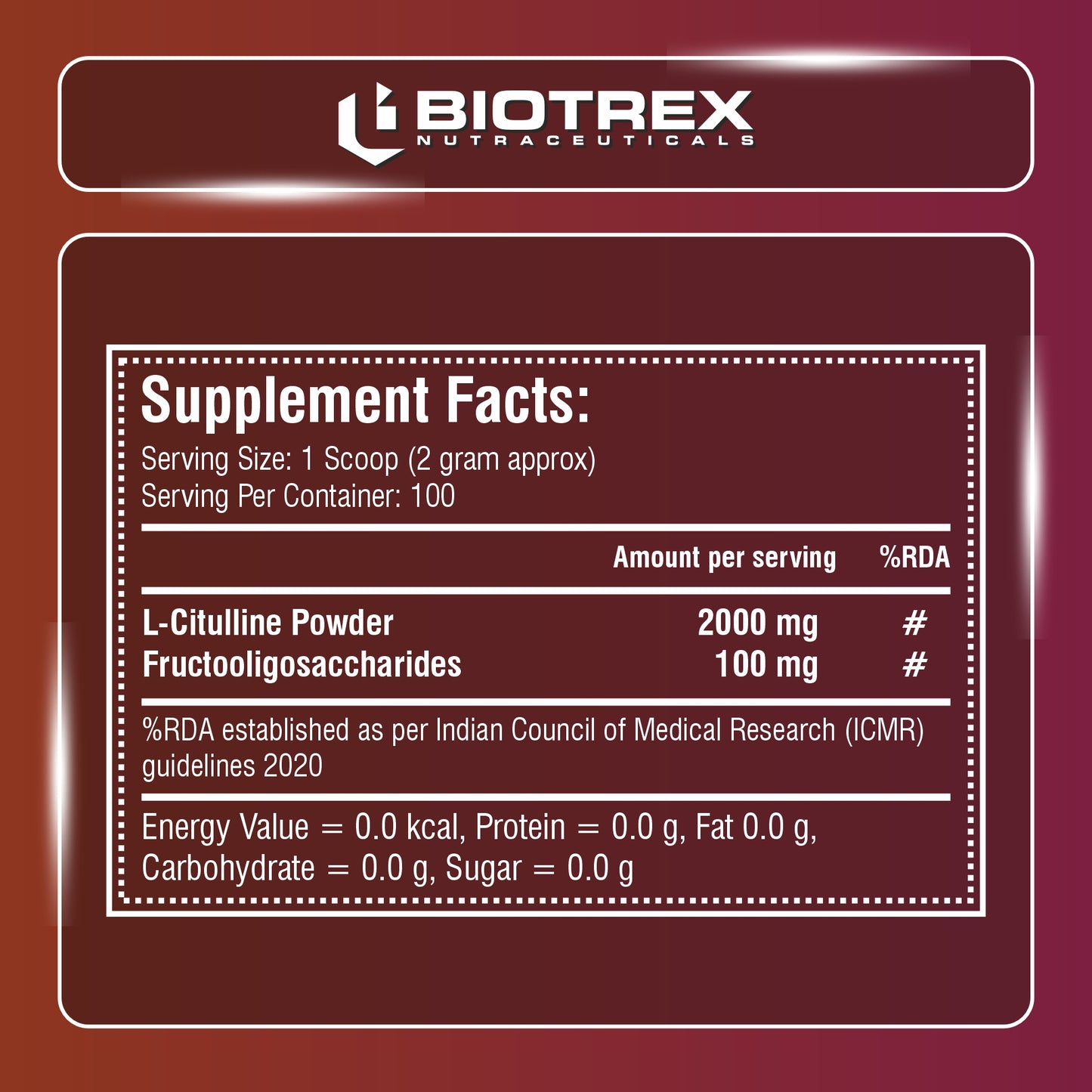 Biotrex Nutraceuticals L Citrulline Powder 2000mg | Supports Endurance & Muscle Pump | Production of Creatine | Enhances Athletic Performance | Unflavoured - 200Gram (100 Servings)