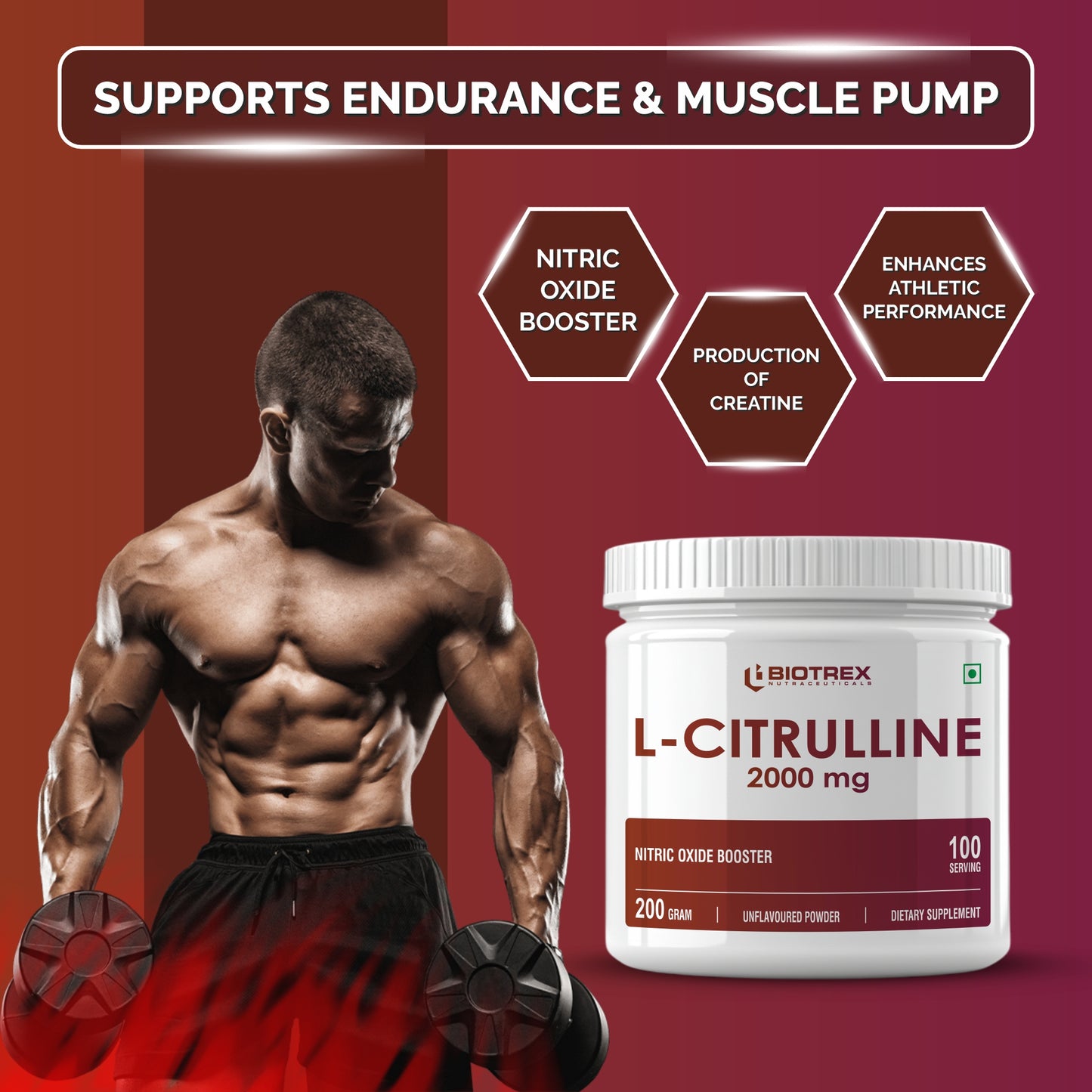 Biotrex Nutraceuticals L Citrulline Powder 2000mg | Supports Endurance & Muscle Pump | Production of Creatine | Enhances Athletic Performance | Unflavoured - 200Gram (100 Servings)