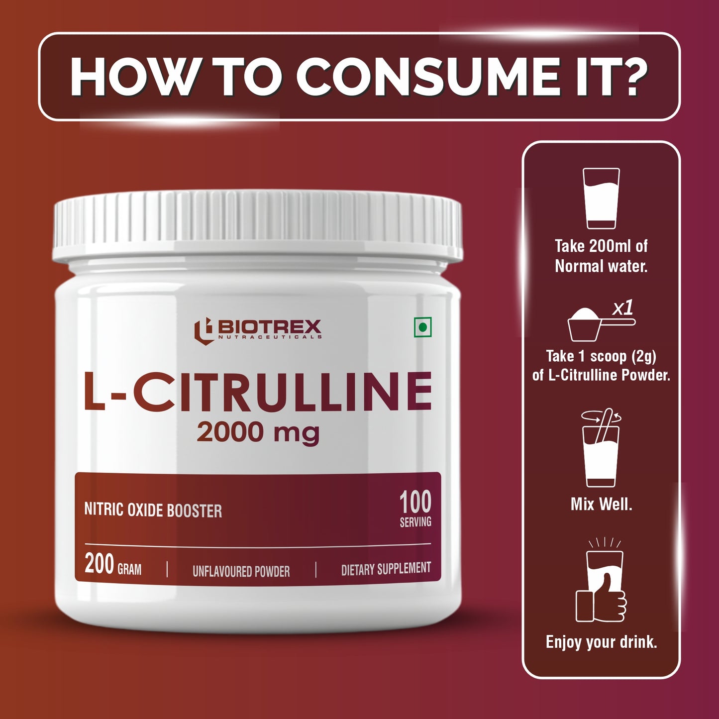 Biotrex Nutraceuticals L Citrulline Powder 2000mg | Supports Endurance & Muscle Pump | Production of Creatine | Enhances Athletic Performance | Unflavoured - 200Gram (100 Servings)