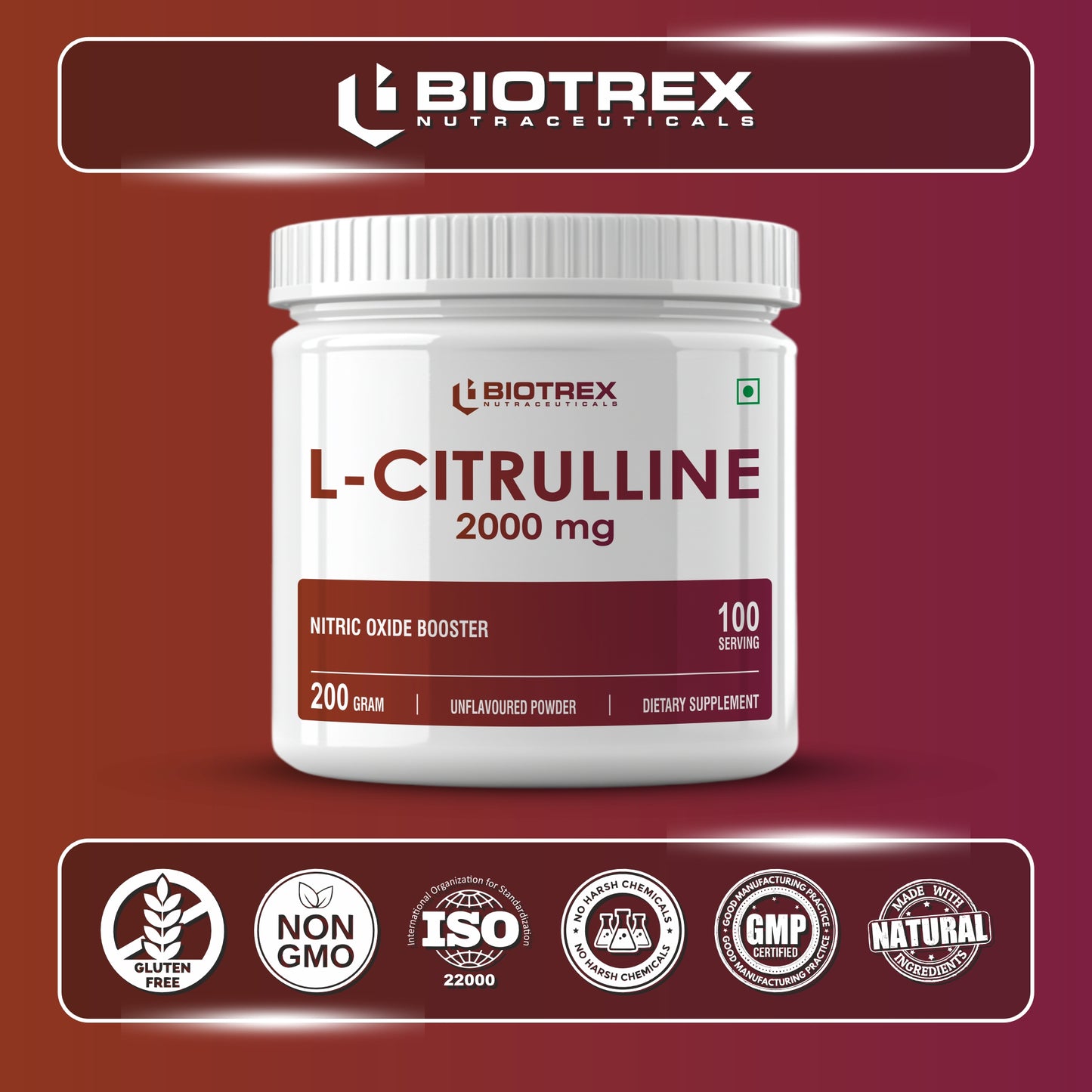 Biotrex Nutraceuticals L Citrulline Powder 2000mg | Supports Endurance & Muscle Pump | Production of Creatine | Enhances Athletic Performance | Unflavoured - 200Gram (100 Servings)