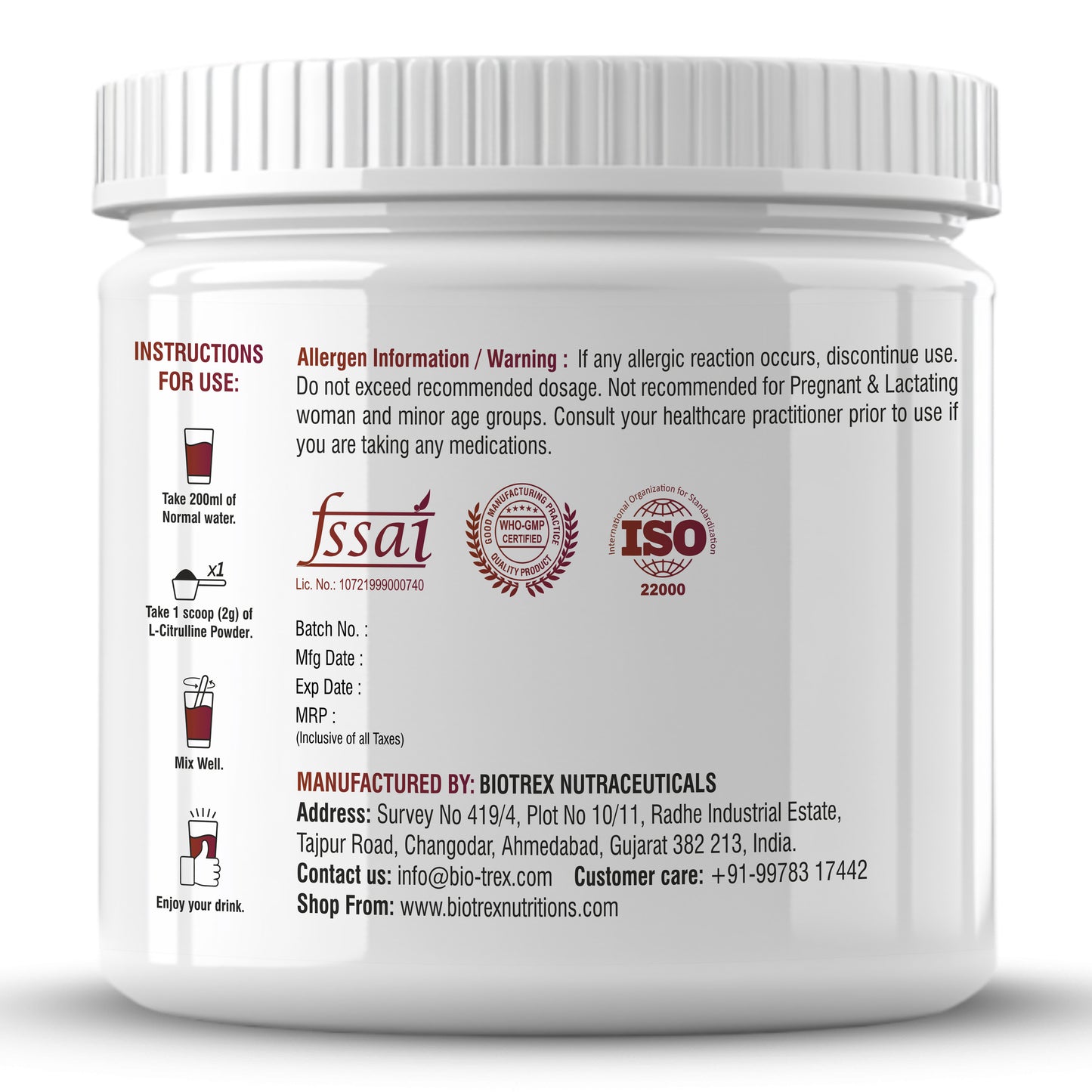 Biotrex Nutraceuticals L Citrulline Powder 2000mg | Supports Endurance & Muscle Pump | Production of Creatine | Enhances Athletic Performance | Unflavoured - 200Gram (100 Servings)