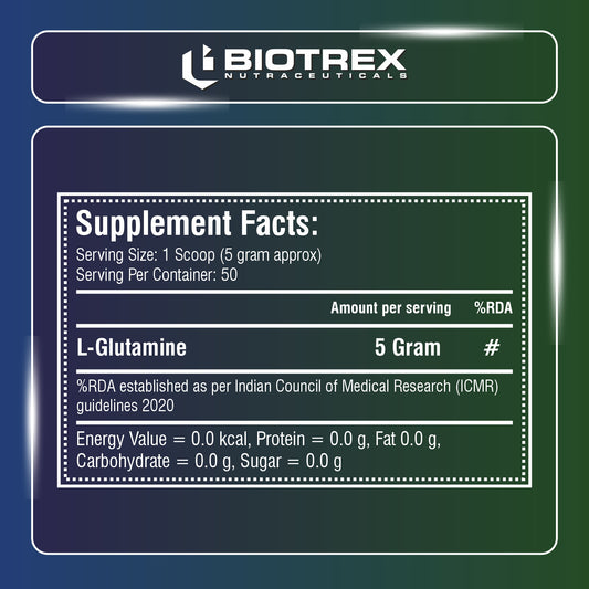 Biotrex L Glutamine Amino Acid Powder 5000mg Per Serving | Preworkout & Muscle Growth | Immune & Gut Health | Enhances Endurance | Unflavoured - 250Gram (50 Serving)