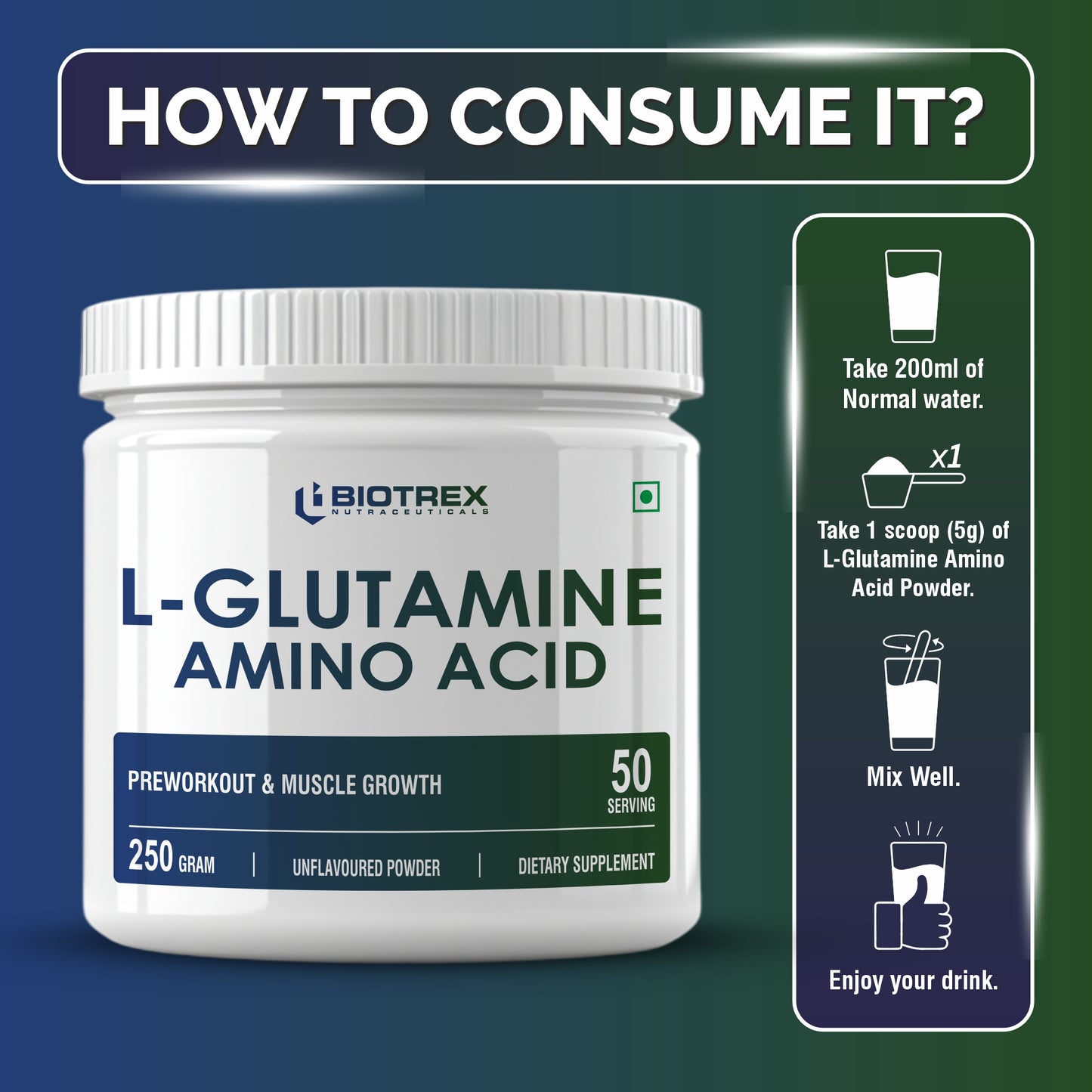 Biotrex L Glutamine Amino Acid Powder 5000mg Per Serving | Preworkout & Muscle Growth | Immune & Gut Health | Enhances Endurance | Unflavoured - 250Gram (50 Serving)