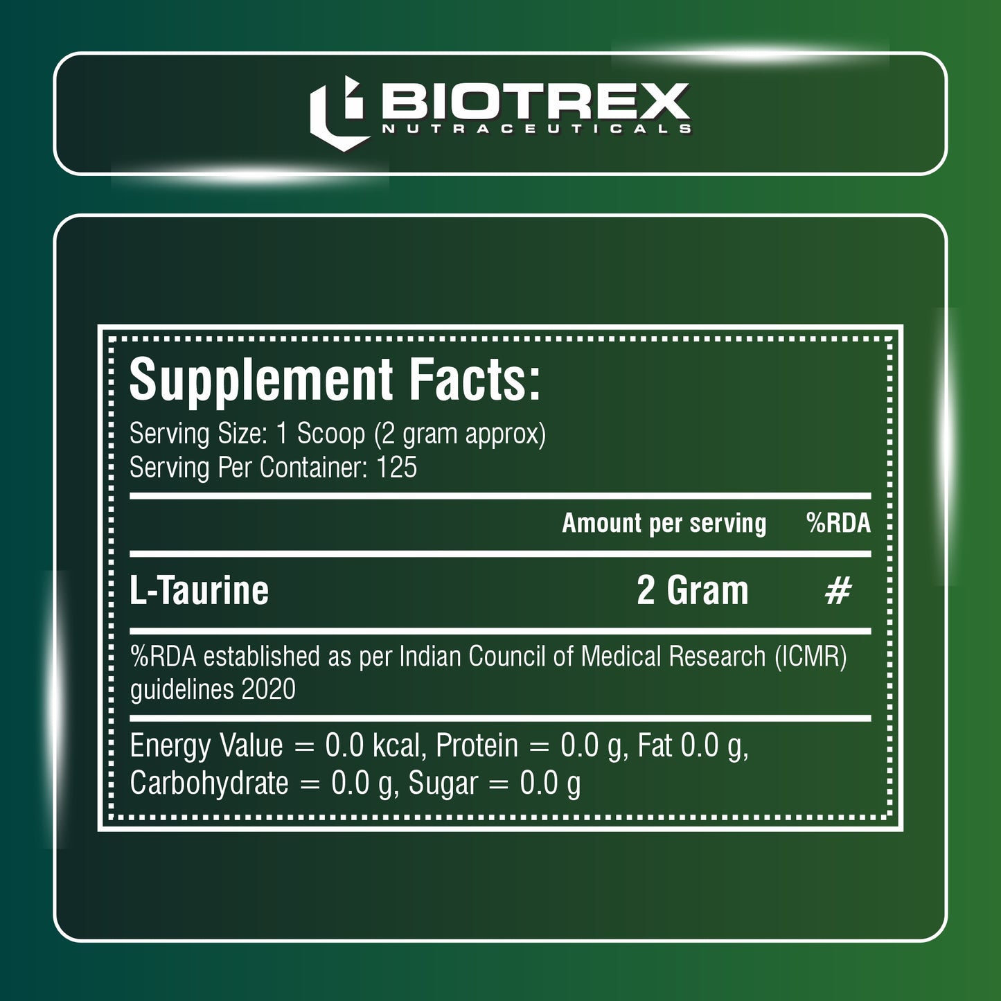 Biotrex Nutraceuticals L-Taurine Powder | Amino Acid Supplement For Athletic Performance | Cardiovascular Health & Enhances Muscle Function | Men & Women - 250Gram (Serving 125)