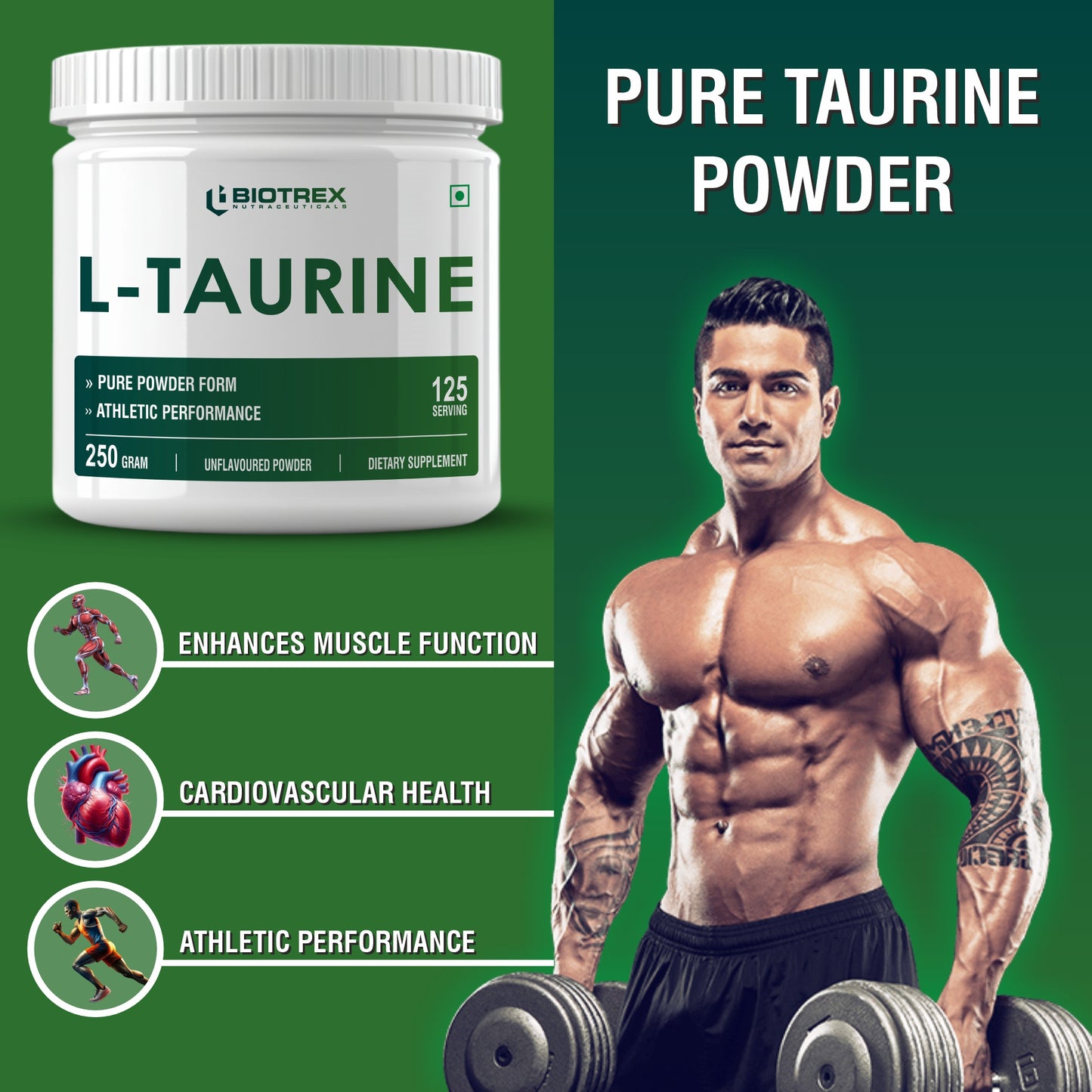 Biotrex Nutraceuticals L-Taurine Powder | Amino Acid Supplement For Athletic Performance | Cardiovascular Health & Enhances Muscle Function | Men & Women - 250Gram (Serving 125)