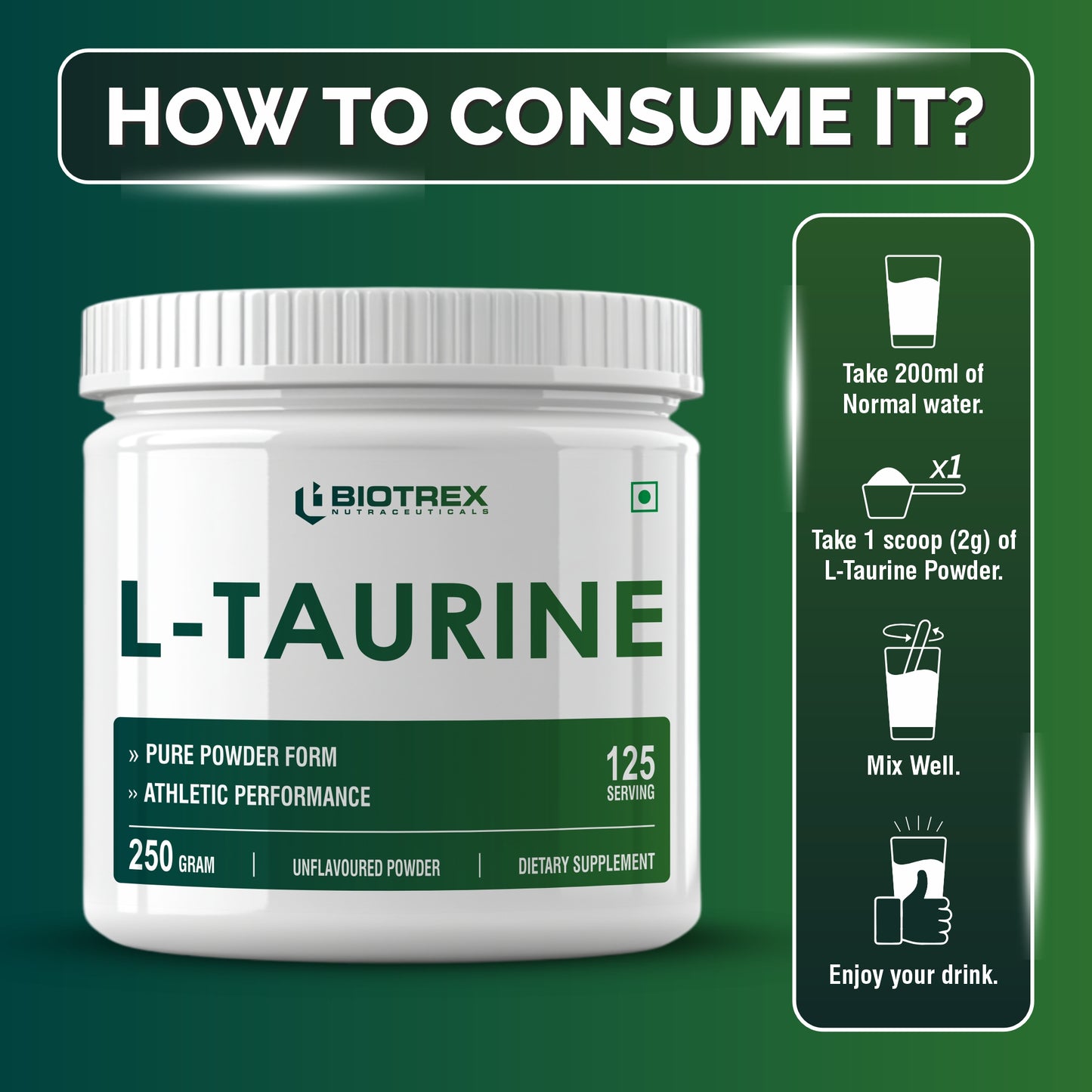 Biotrex Nutraceuticals L-Taurine Powder | Amino Acid Supplement For Athletic Performance | Cardiovascular Health & Enhances Muscle Function | Men & Women - 250Gram (Serving 125)