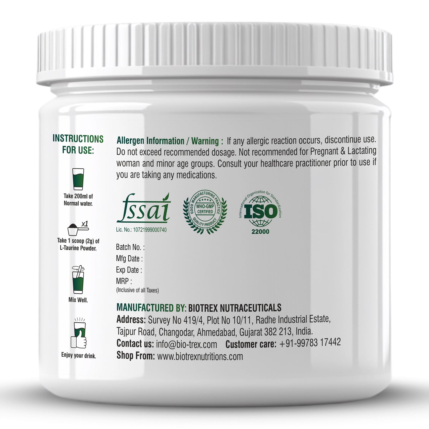 Biotrex Nutraceuticals L-Taurine Powder | Amino Acid Supplement For Athletic Performance | Cardiovascular Health & Enhances Muscle Function | Men & Women - 250Gram (Serving 125)