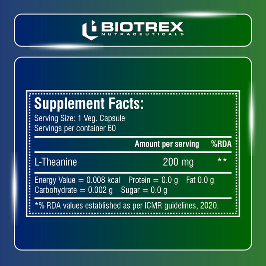 Biotrex Nutraceuticals L-Theanine 200mg Double Strength, Non-Drowsy Support | Helps Cognitive Health & Relaxation - 60 Veg Capsules