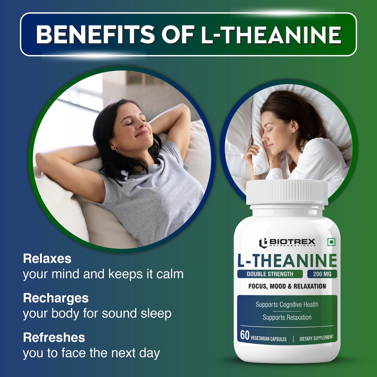 Biotrex L-Theanine 200mg Double Strength, Non-Drowsy Support | Helps Cognitive Health & Relaxation - 60 Veg Capsules
