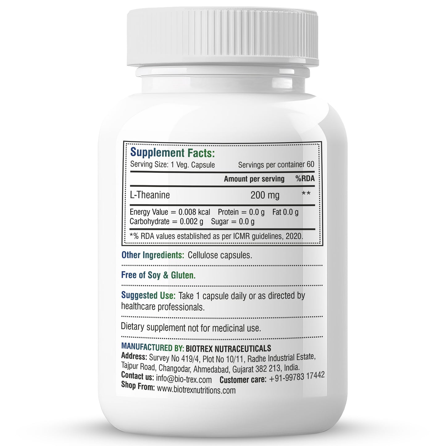 Biotrex L-Theanine 200mg Double Strength, Non-Drowsy Support | Helps Cognitive Health & Relaxation - 60 Veg Capsules