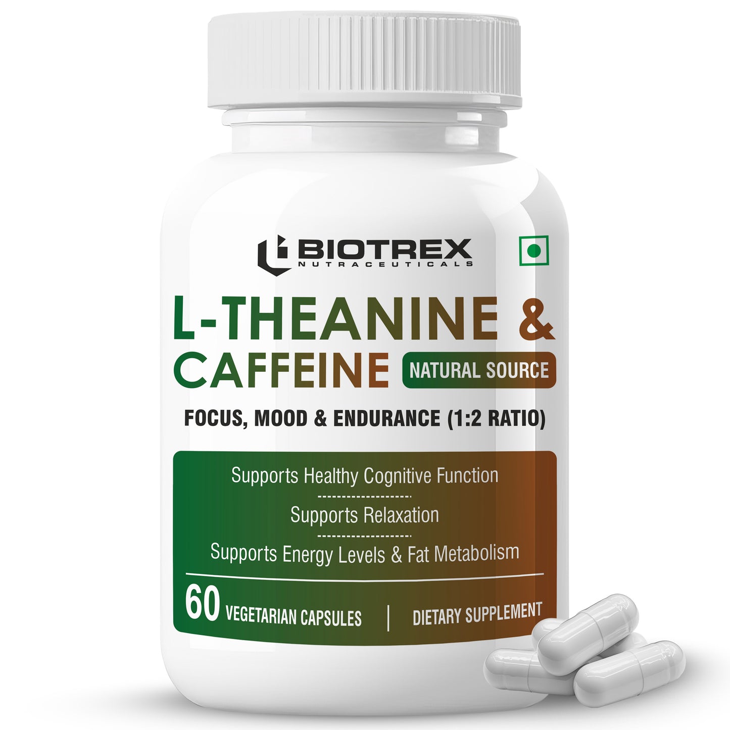Biotrex L-Theanine 200mg Caffeine 100mg Supplement helps to improve Exercise Performance & supports Energy Management - 60 Veg Capsules