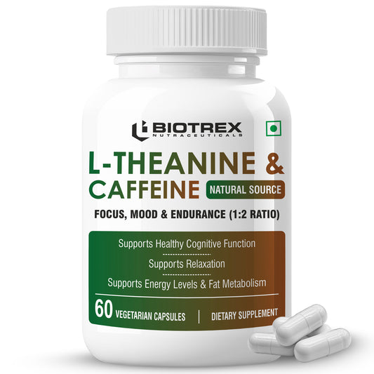 Biotrex Nutraceuticals L-Theanine 200mg Caffeine 100mg Supplement helps to improve Exercise Performance & supports Energy Management - 60 Veg Capsules