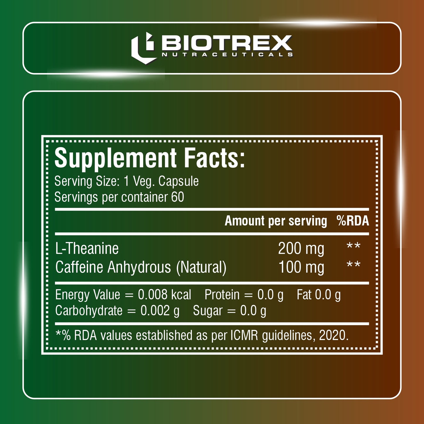 Biotrex L-Theanine 200mg Caffeine 100mg Supplement helps to improve Exercise Performance & supports Energy Management - 60 Veg Capsules