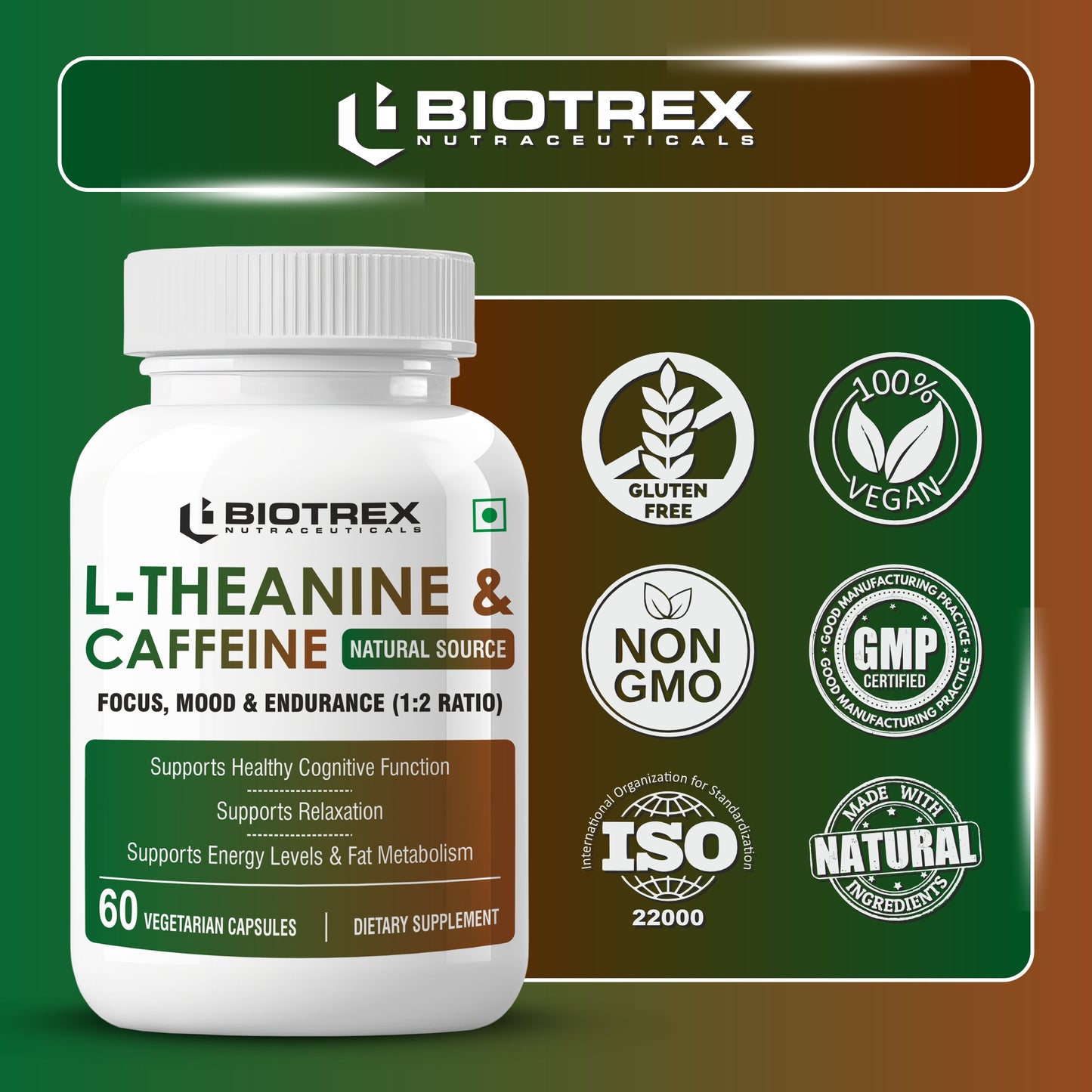 Biotrex L-Theanine 200mg Caffeine 100mg Supplement helps to improve Exercise Performance & supports Energy Management - 60 Veg Capsules