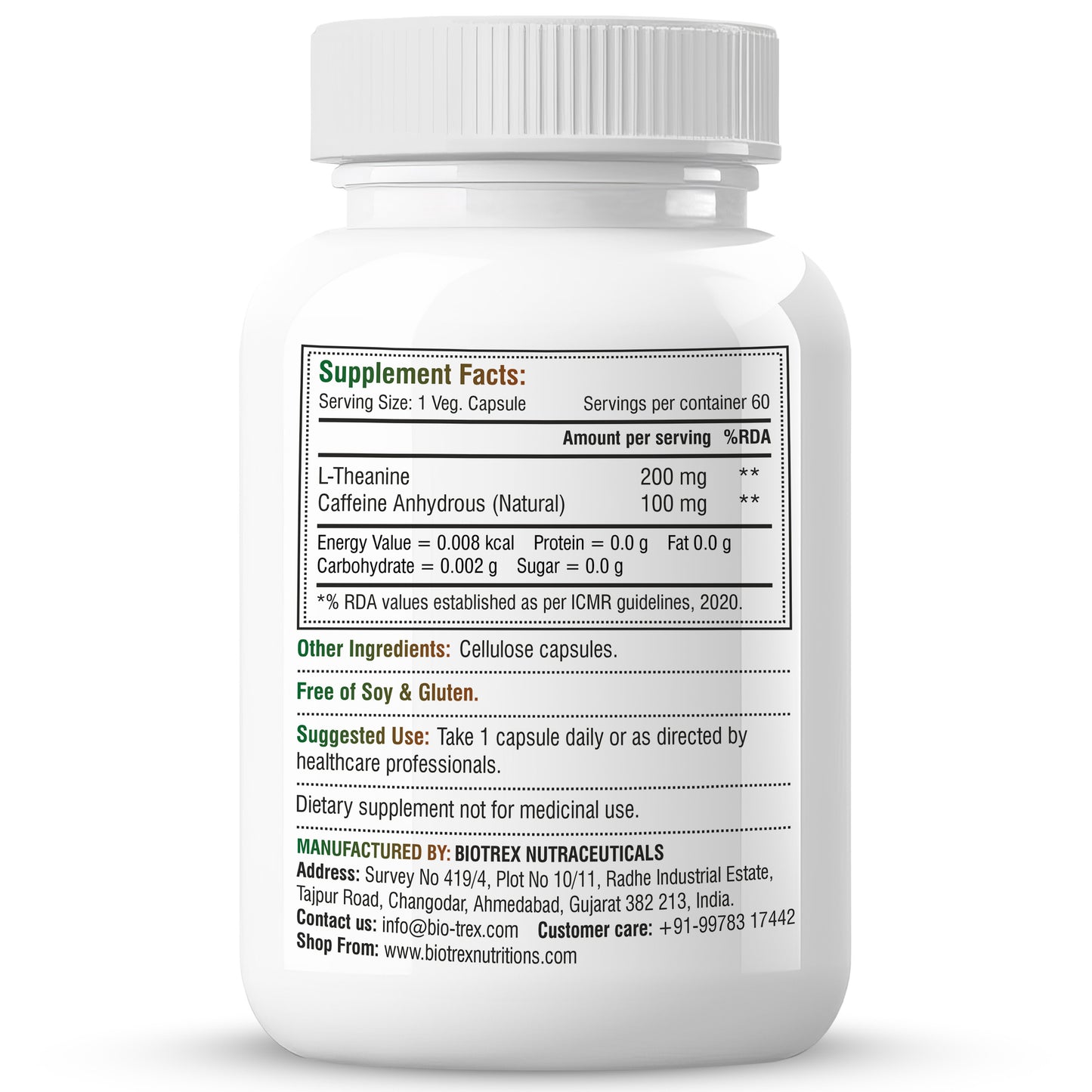 Biotrex L-Theanine 200mg Caffeine 100mg Supplement helps to improve Exercise Performance & supports Energy Management - 60 Veg Capsules
