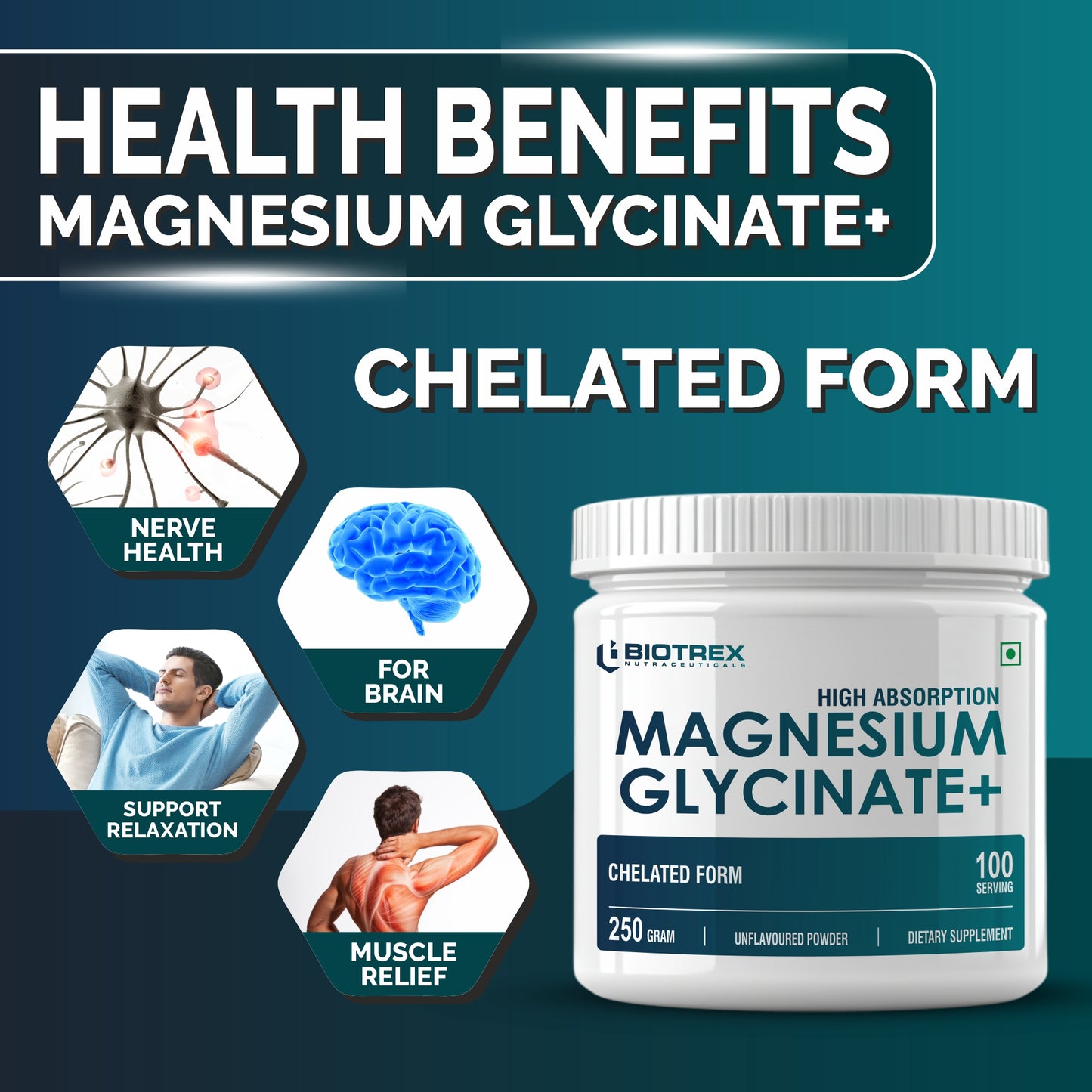 Biotrex Nutraceuticals Magnesium Bisglycinate Powder | Sleep, Cramps, Nerve & Muscle Health | Mood Balance & Energy Production | High Absorption - 250Gram (100 Servings)