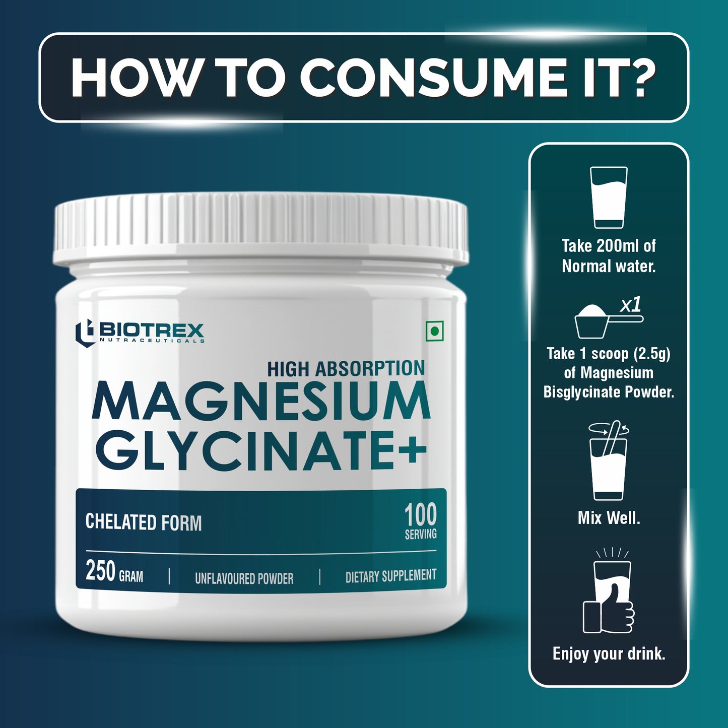 Biotrex Nutraceuticals Magnesium Bisglycinate Powder | Sleep, Cramps, Nerve & Muscle Health | Mood Balance & Energy Production | High Absorption - 250Gram (100 Servings)