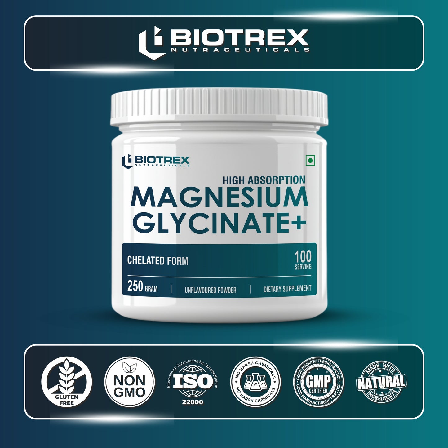 Biotrex Nutraceuticals Magnesium Bisglycinate Powder | Sleep, Cramps, Nerve & Muscle Health | Mood Balance & Energy Production | High Absorption - 250Gram (100 Servings)