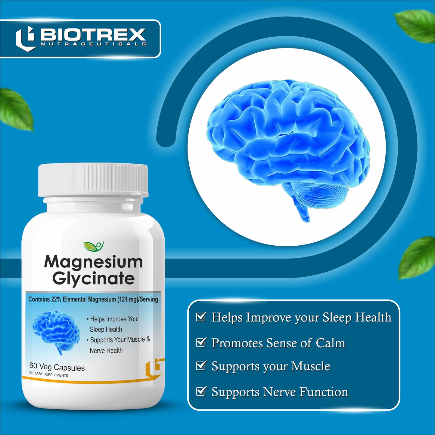 Biotrex Magnesium Glycinate 60 Veg Capsules, Supports Bone Health, Nerve & Muscle Function