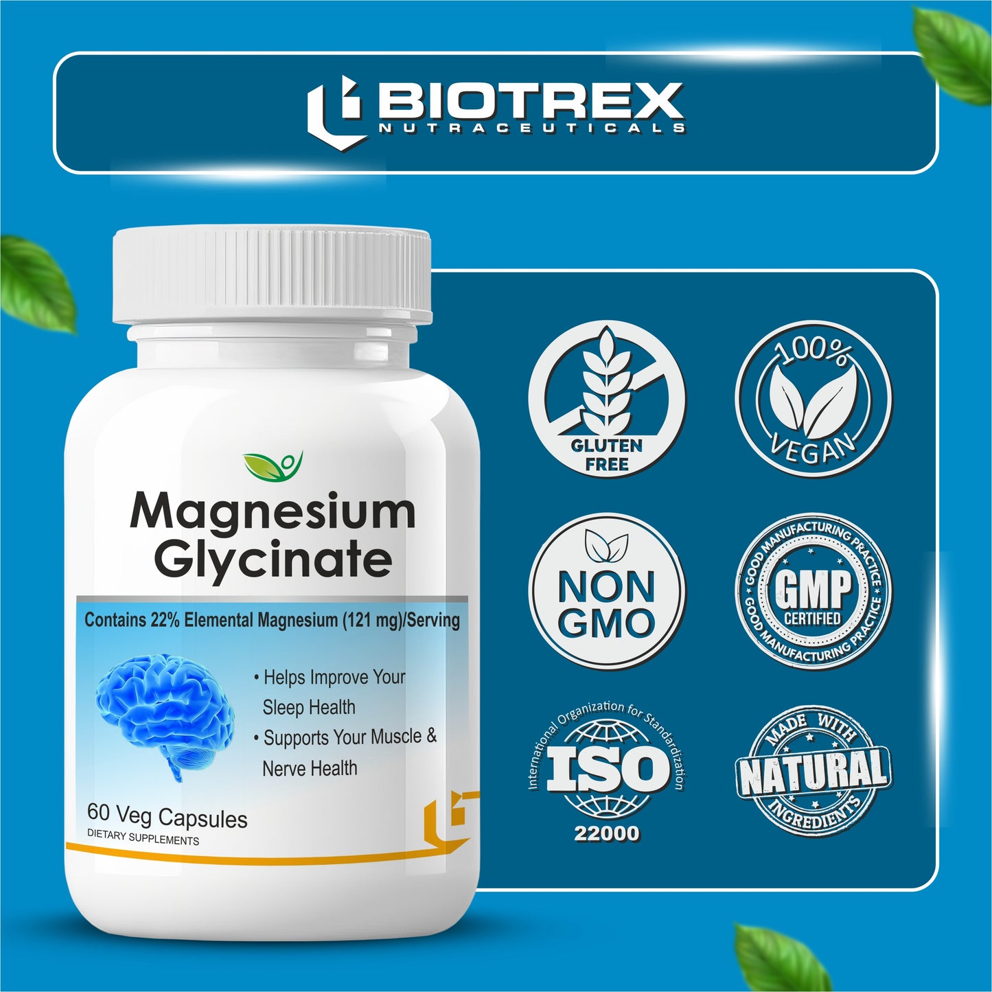 Biotrex Magnesium Glycinate 60 Veg Capsules, Supports Bone Health, Nerve & Muscle Function