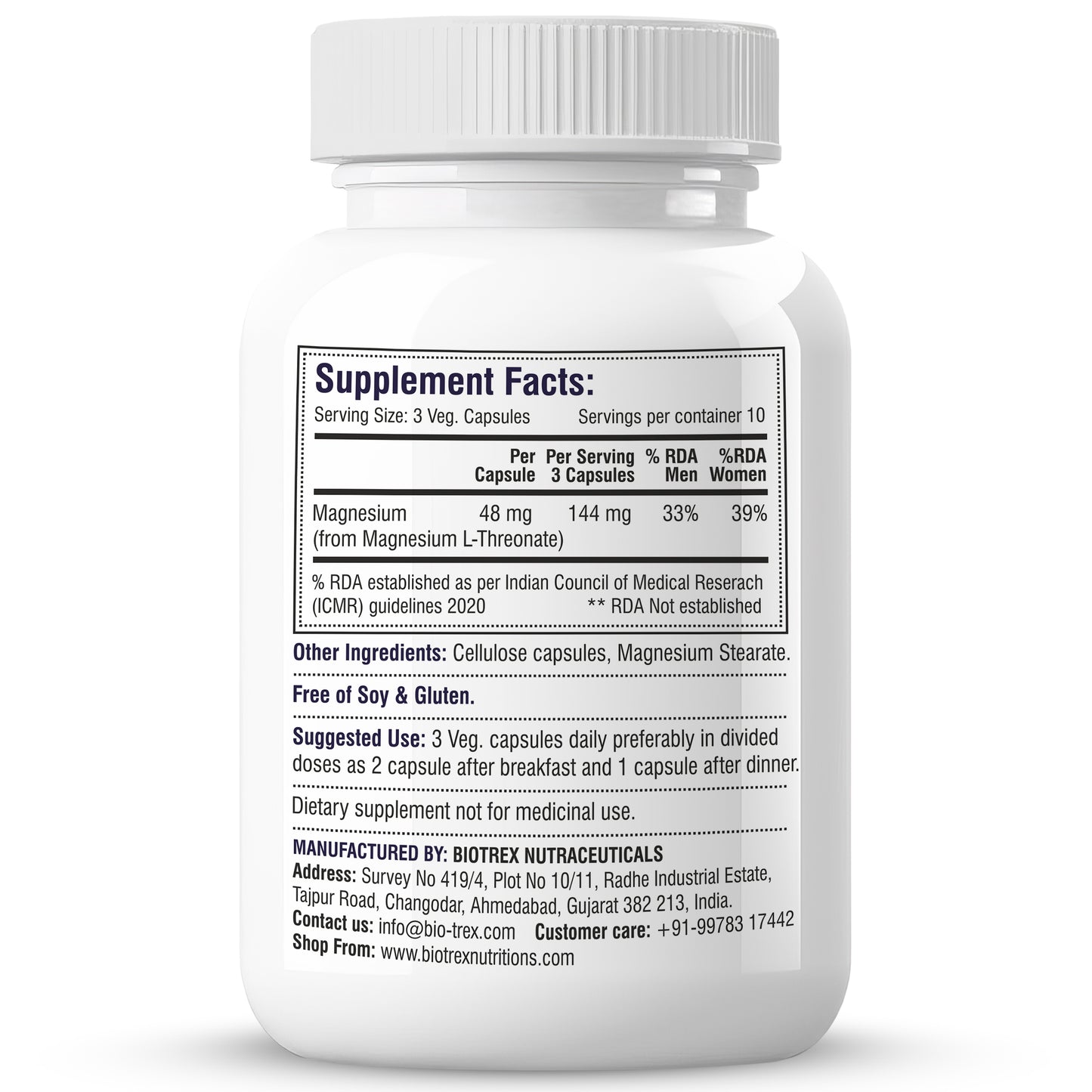 Biotrex Magnesium L-Threonate, Supports Brain Health & Cognitive Function, Highly Bioavailable Magnesium - 30 Veg Capsules
