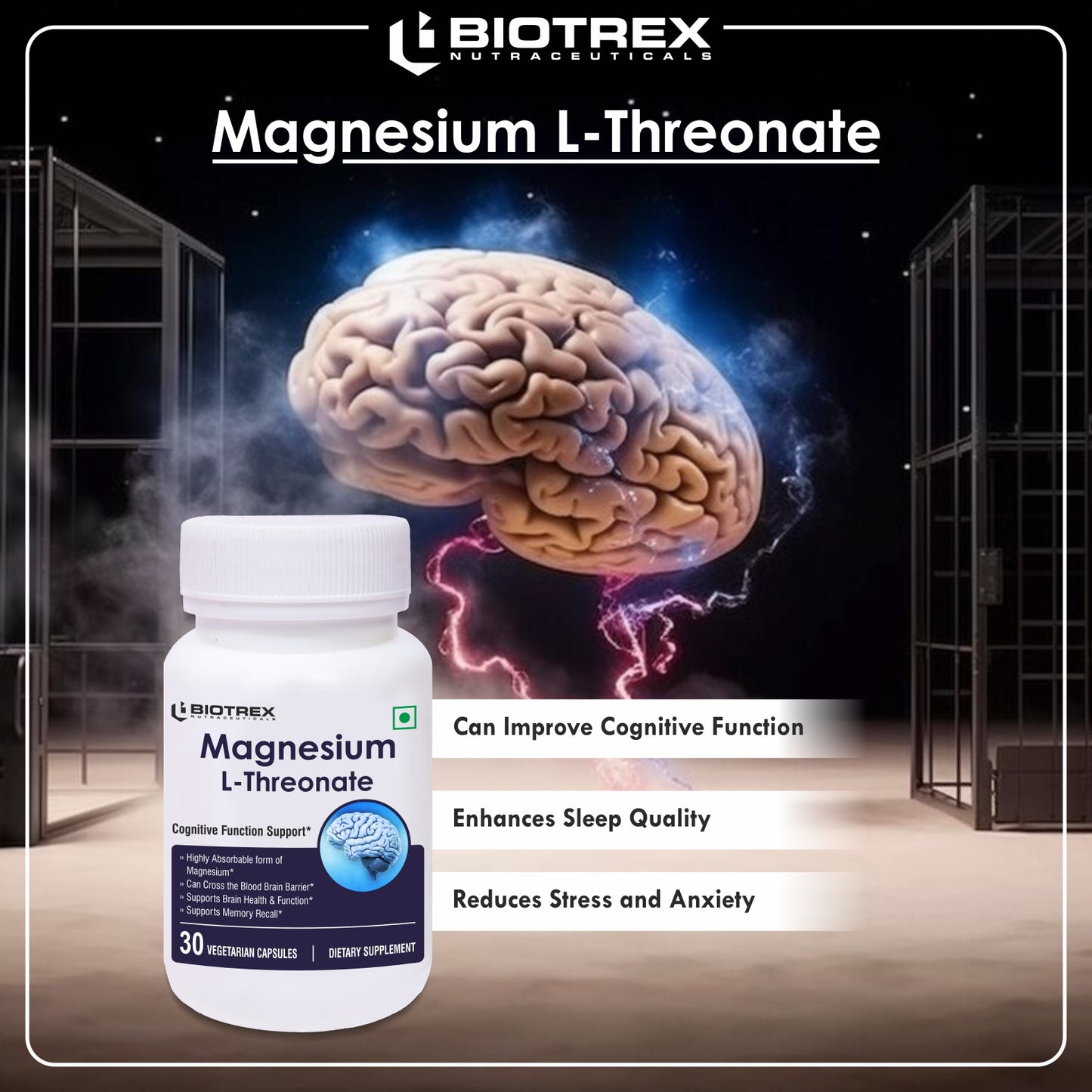 Biotrex Nutraceuticals Magnesium L-Threonate, Supports Brain Health & Cognitive Function, Highly Bioavailable Magnesium - 30 Veg Capsules