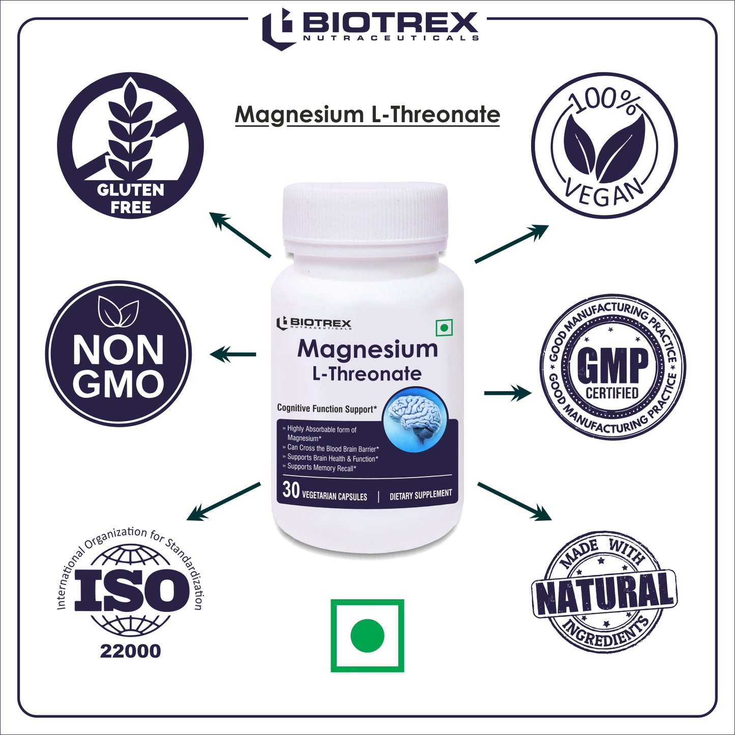 Biotrex Nutraceuticals Magnesium L-Threonate, Supports Brain Health & Cognitive Function, Highly Bioavailable Magnesium - 30 Veg Capsules