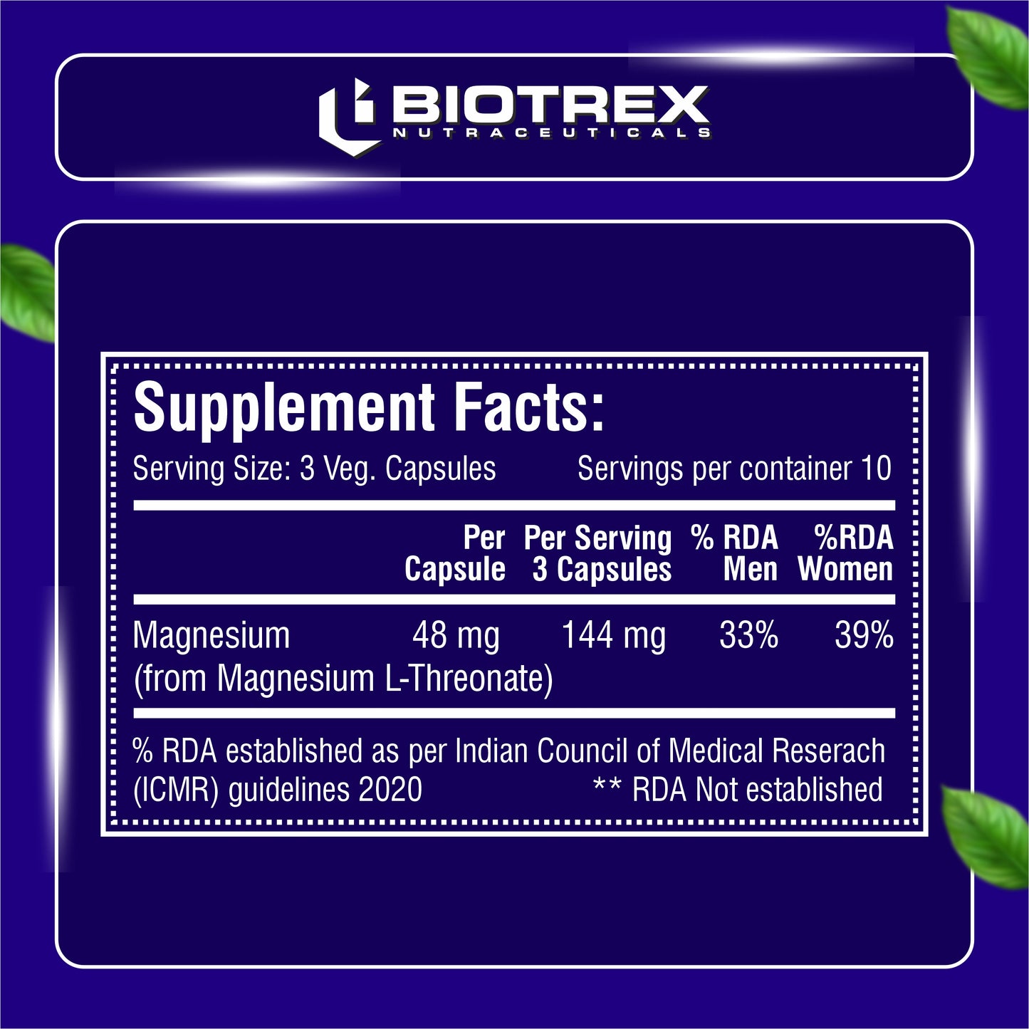 Biotrex Magnesium L-Threonate, Supports Brain Health & Cognitive Function, Highly Bioavailable Magnesium - 30 Veg Capsules