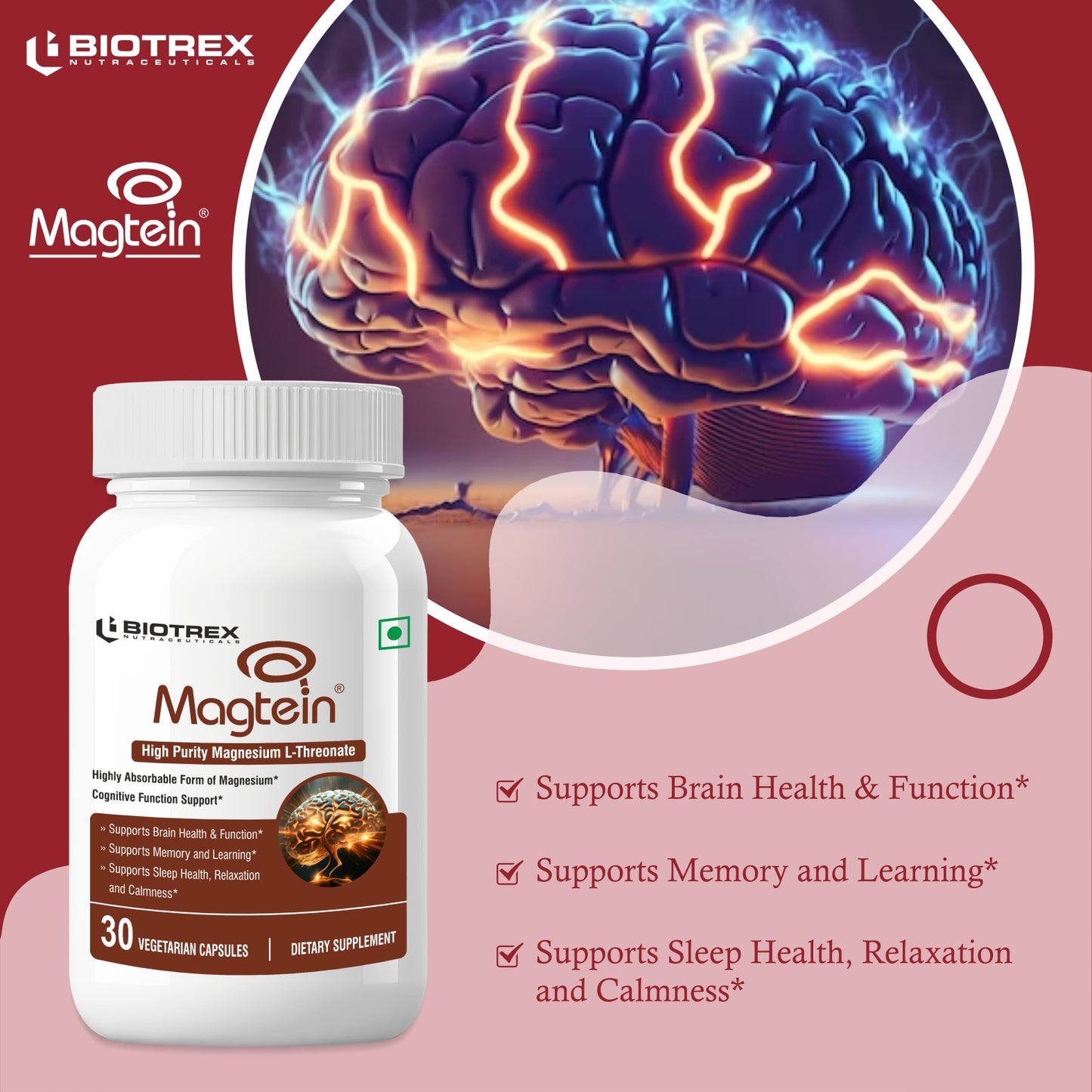 Biotrex Magtein Magnesium L-Threonate Supplement, Highly Bioavailable Form of Magnesium, Supports Sleep Health And Cognitive Function - 30 Veg Capsules