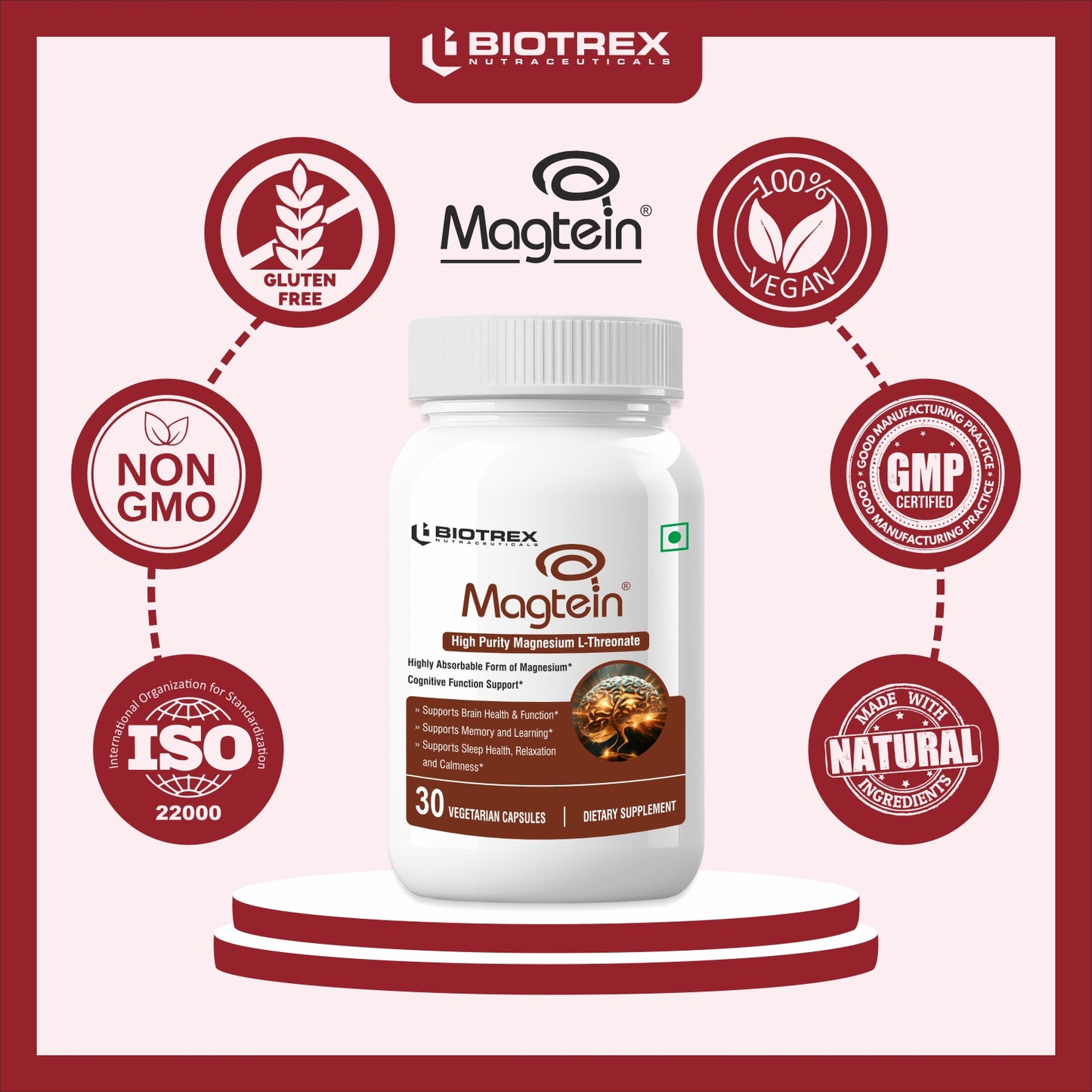 Biotrex Magtein Magnesium L-Threonate Supplement, Highly Bioavailable Form of Magnesium, Supports Sleep Health And Cognitive Function - 30 Veg Capsules