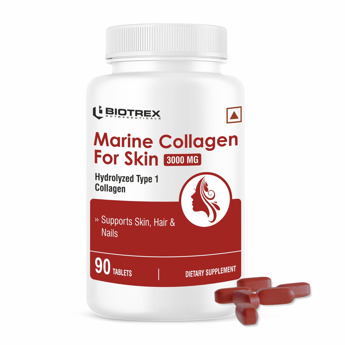 Biotrex Marine Collagen 3000mg Peptides With Biotin, Hyaluronic Acid, Vitamin C & E, Type 1 Marine Collagen, Healthy Hair, Skin, Nails, For Men & Women - 90 Tablets