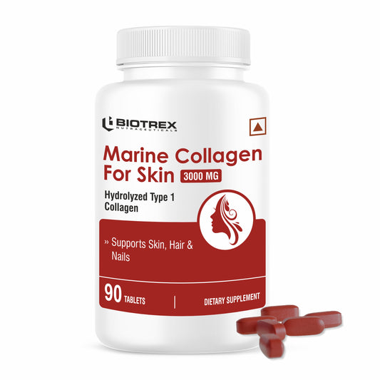 Biotrex Marine Collagen 3000mg Peptides With Biotin, Hyaluronic Acid, Vitamin C & E, Type 1 Marine Collagen, Healthy Hair, Skin, Nails, For Men & Women - 90 Tablets