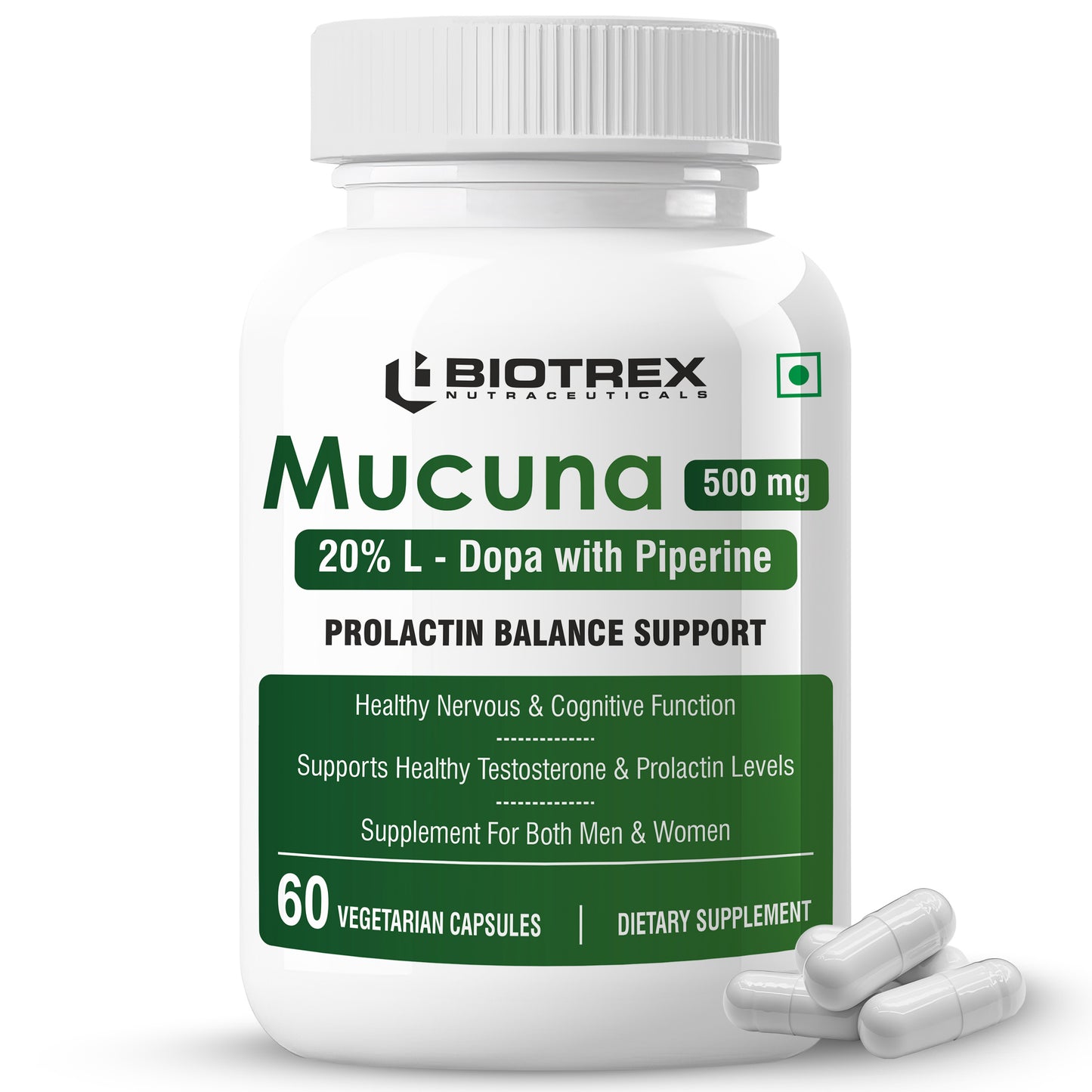 Biotrex Mucuna Pruriens (Kapikachhu) (20% L-Dopa) 500mg With Piperine 10mg | Vitality Booster, Motility & Nerve Function - 60 Veg Capsules
