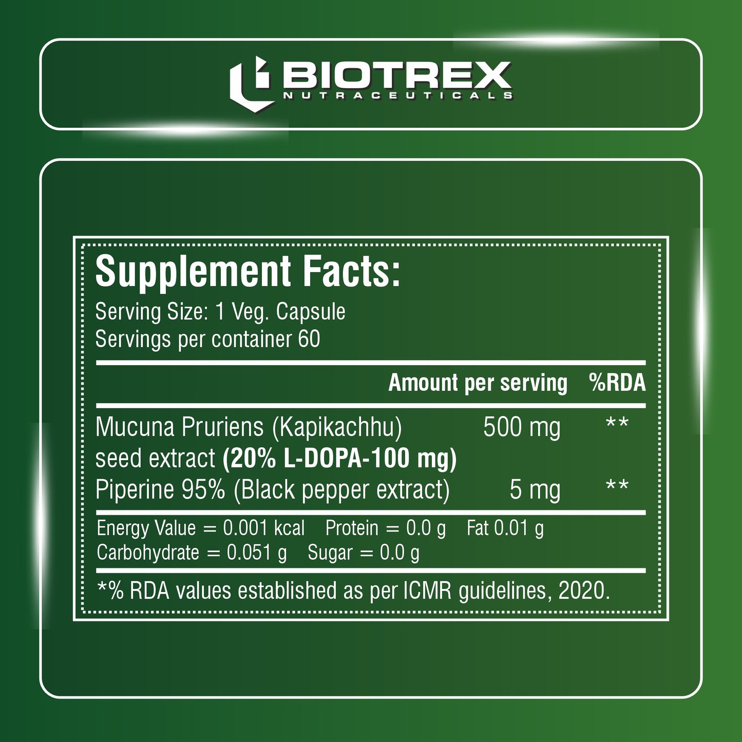 Biotrex Mucuna Pruriens (Kapikachhu) (20% L-Dopa) 500mg With Piperine 10mg | Vitality Booster, Motility & Nerve Function - 60 Veg Capsules