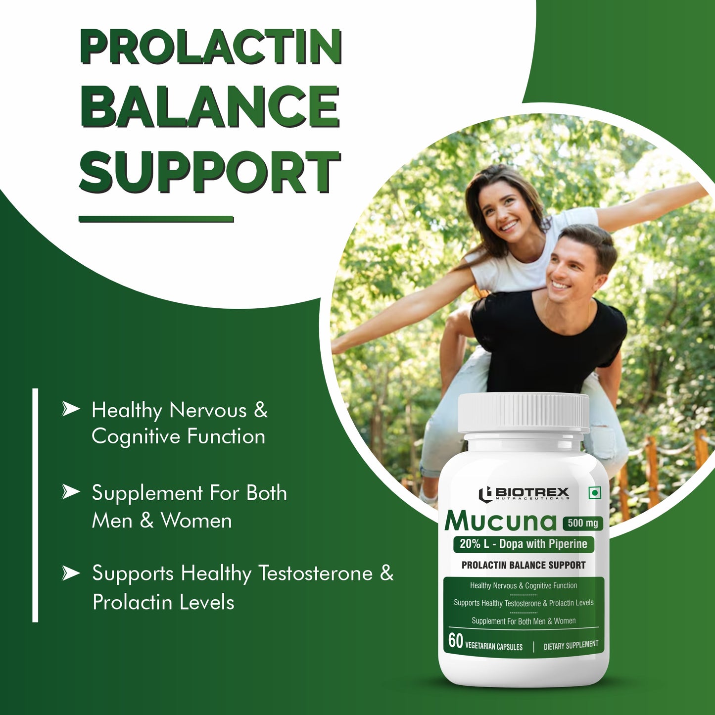 Biotrex Mucuna Pruriens (Kapikachhu) (20% L-Dopa) 500mg With Piperine 10mg | Vitality Booster, Motility & Nerve Function - 60 Veg Capsules