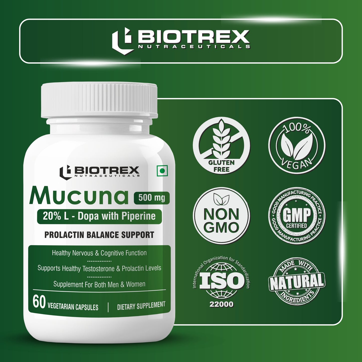 Biotrex Mucuna Pruriens (Kapikachhu) (20% L-Dopa) 500mg With Piperine 10mg | Vitality Booster, Motility & Nerve Function - 60 Veg Capsules
