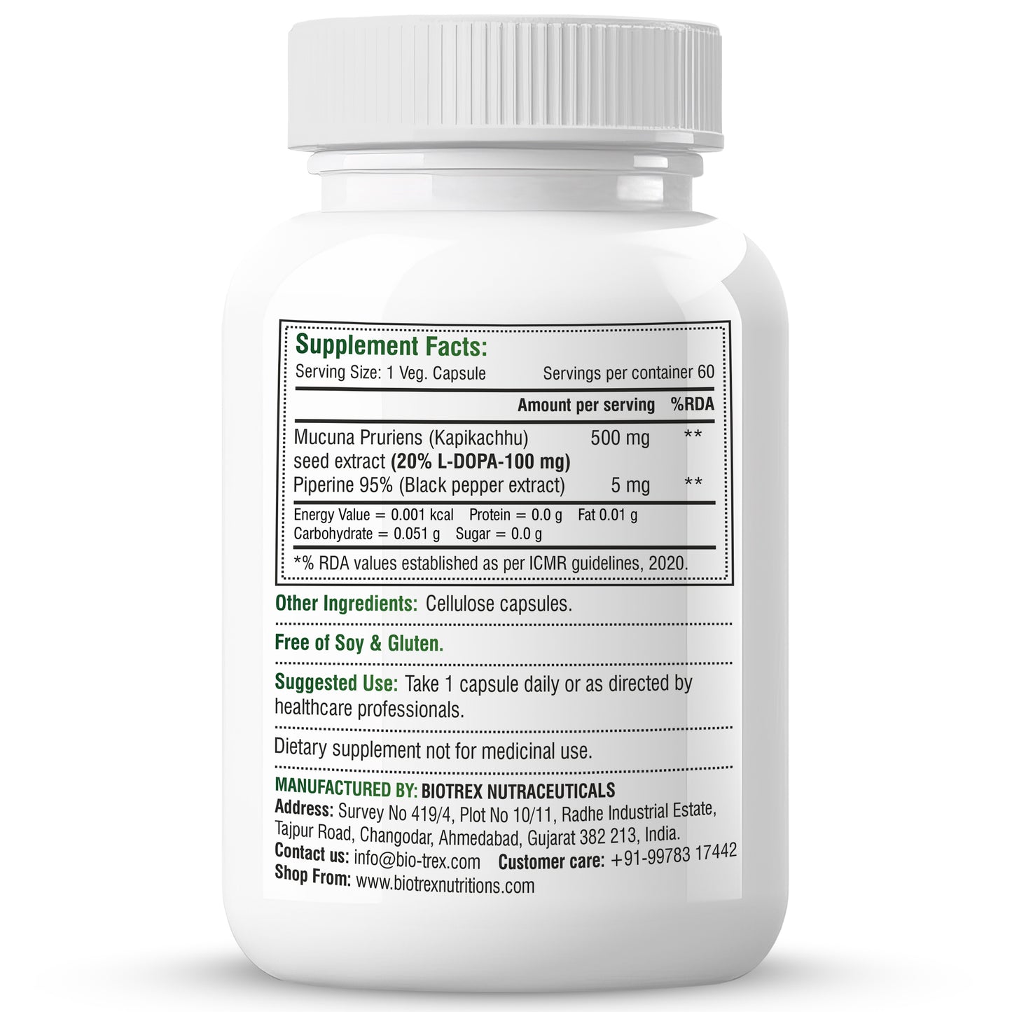 Biotrex Mucuna Pruriens (Kapikachhu) (20% L-Dopa) 500mg With Piperine 10mg | Vitality Booster, Motility & Nerve Function - 60 Veg Capsules