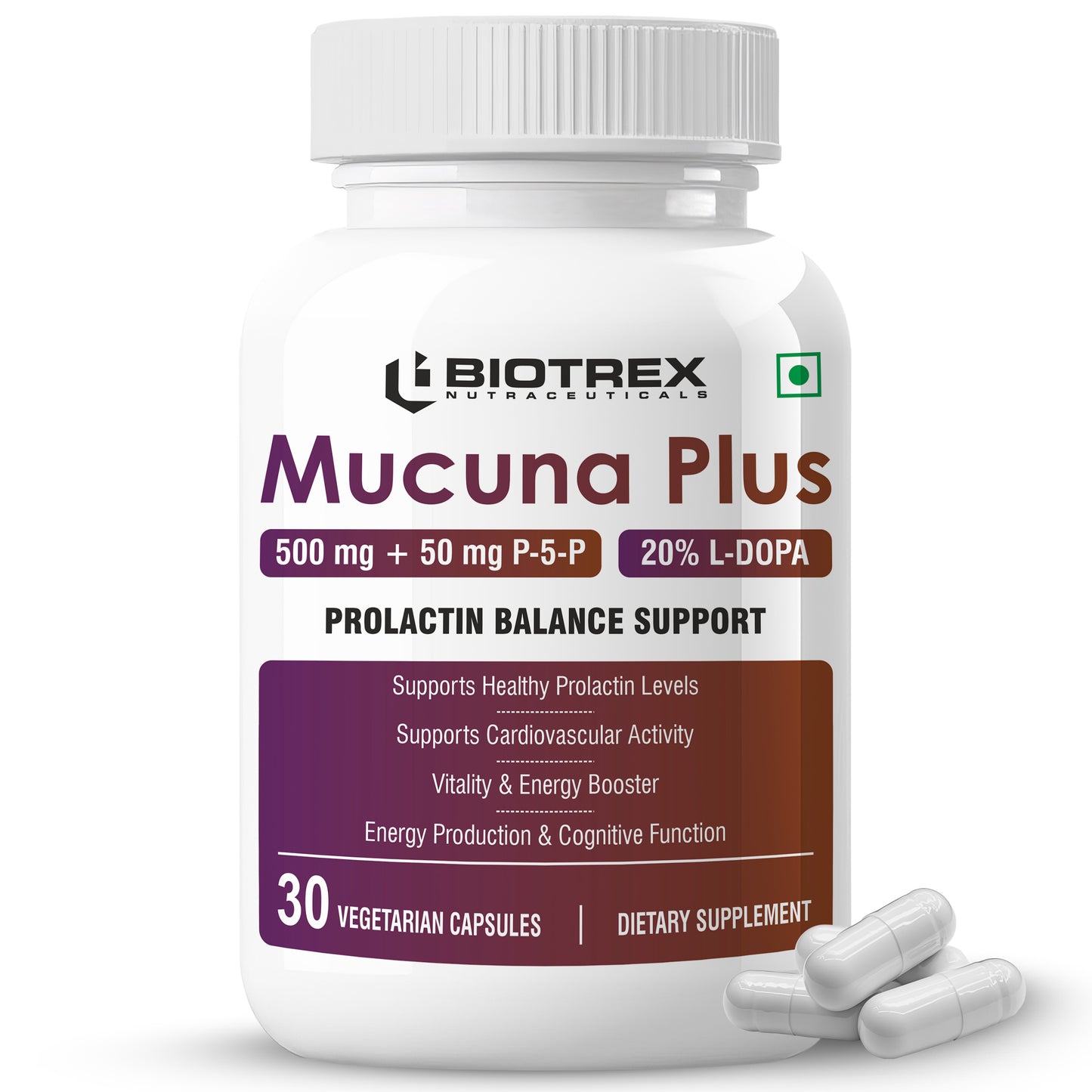 Biotrex Mucuna Pruriens (Kapikachhu) (20% L-Dopa) 500mg With P-5-P (Pyridoxal 5'-Phosphate) 50mg | Prolactin Support | Vitality & Energy Booster | Cardiovascular | Nerve Health - 30 Veg Capsules