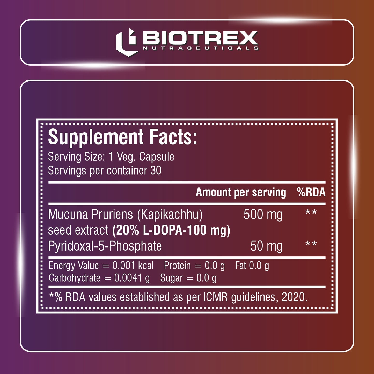 Biotrex Mucuna Pruriens (Kapikachhu) (20% L-Dopa) 500mg With P-5-P (Pyridoxal 5'-Phosphate) 50mg | Prolactin Support | Vitality & Energy Booster | Cardiovascular | Nerve Health - 30 Veg Capsules
