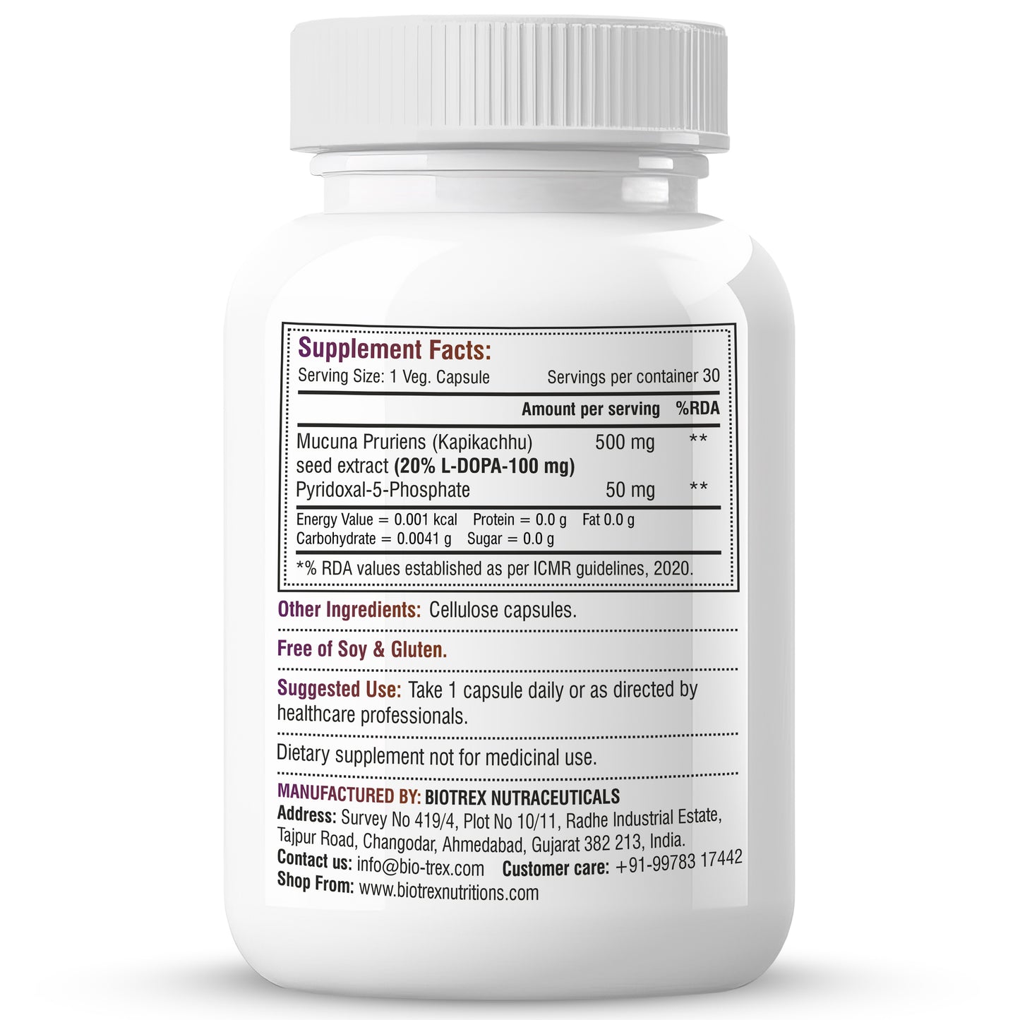 Biotrex Mucuna Pruriens (Kapikachhu) (20% L-Dopa) 500mg With P-5-P (Pyridoxal 5'-Phosphate) 50mg | Prolactin Support | Vitality & Energy Booster | Cardiovascular | Nerve Health - 30 Veg Capsules