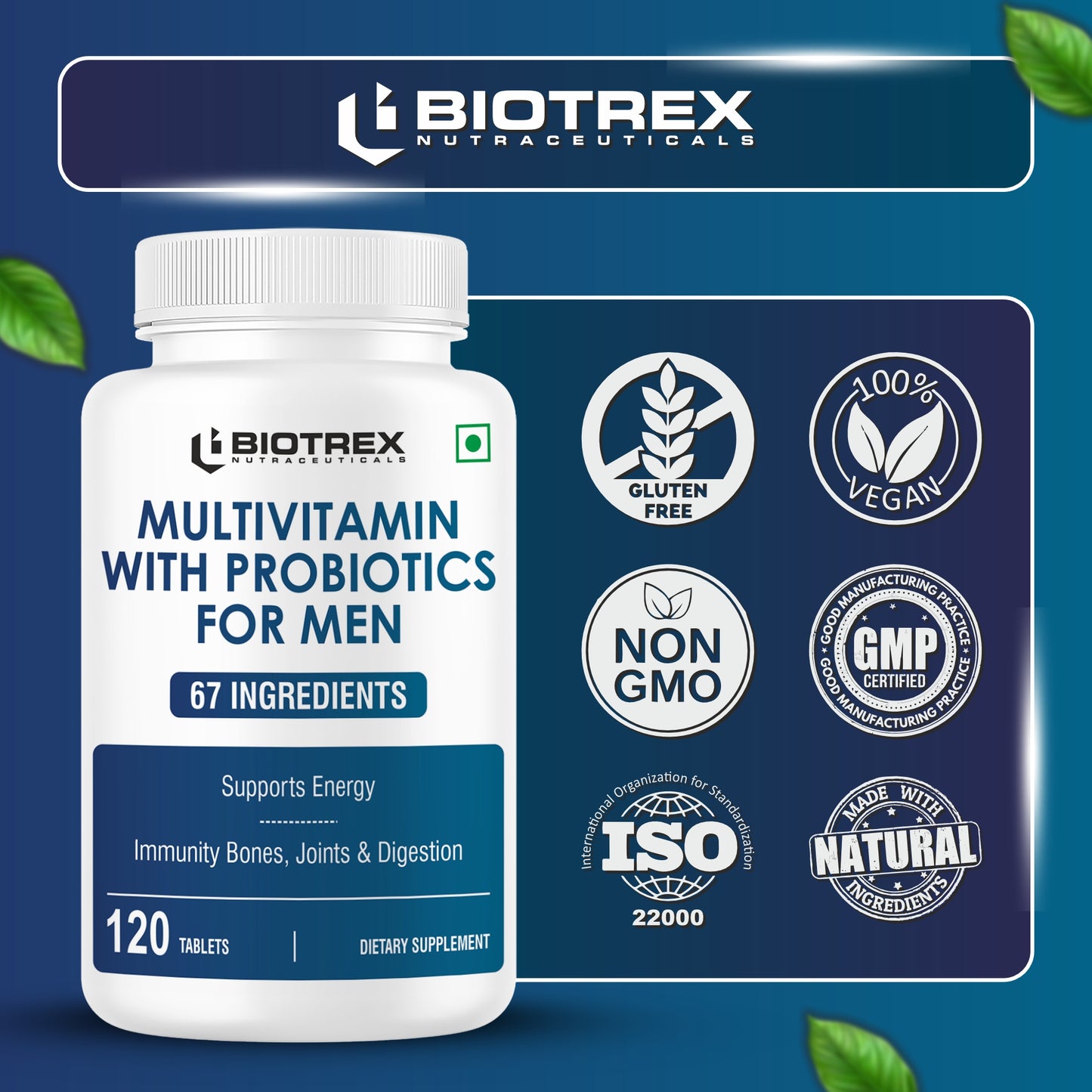 Biotrex Nutraceuticals Multivitamin With Probiotics For Men | 67 Vital Nutrients | Daily 100% RDA | Enhances Energy & Immunity | Overall Well Being & Better Health | Purity Tested - 120 Tablets