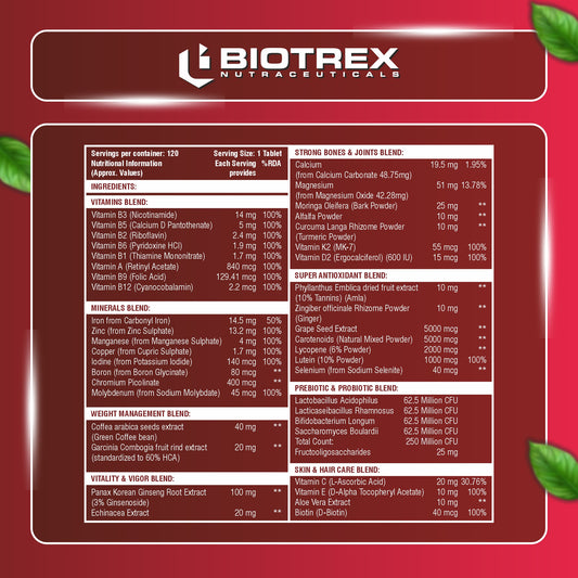 Biotrex Nutraceuticals Multivitamin With Probiotics For Women | Combination of 43 Ingredients | Enhances Energy & Strong Immune Function | Antioxidant | Hair, Skin & Nails | Purity Tested - 120 Tablets