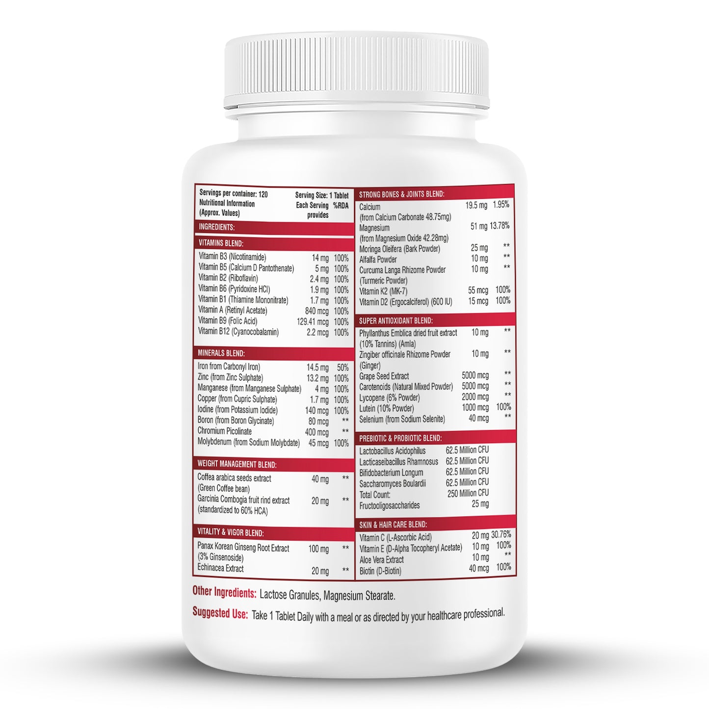 Biotrex Nutraceuticals Multivitamin With Probiotics For Women | Combination of 43 Ingredients | Enhances Energy & Strong Immune Function | Antioxidant | Hair, Skin & Nails | Purity Tested - 120 Tablets