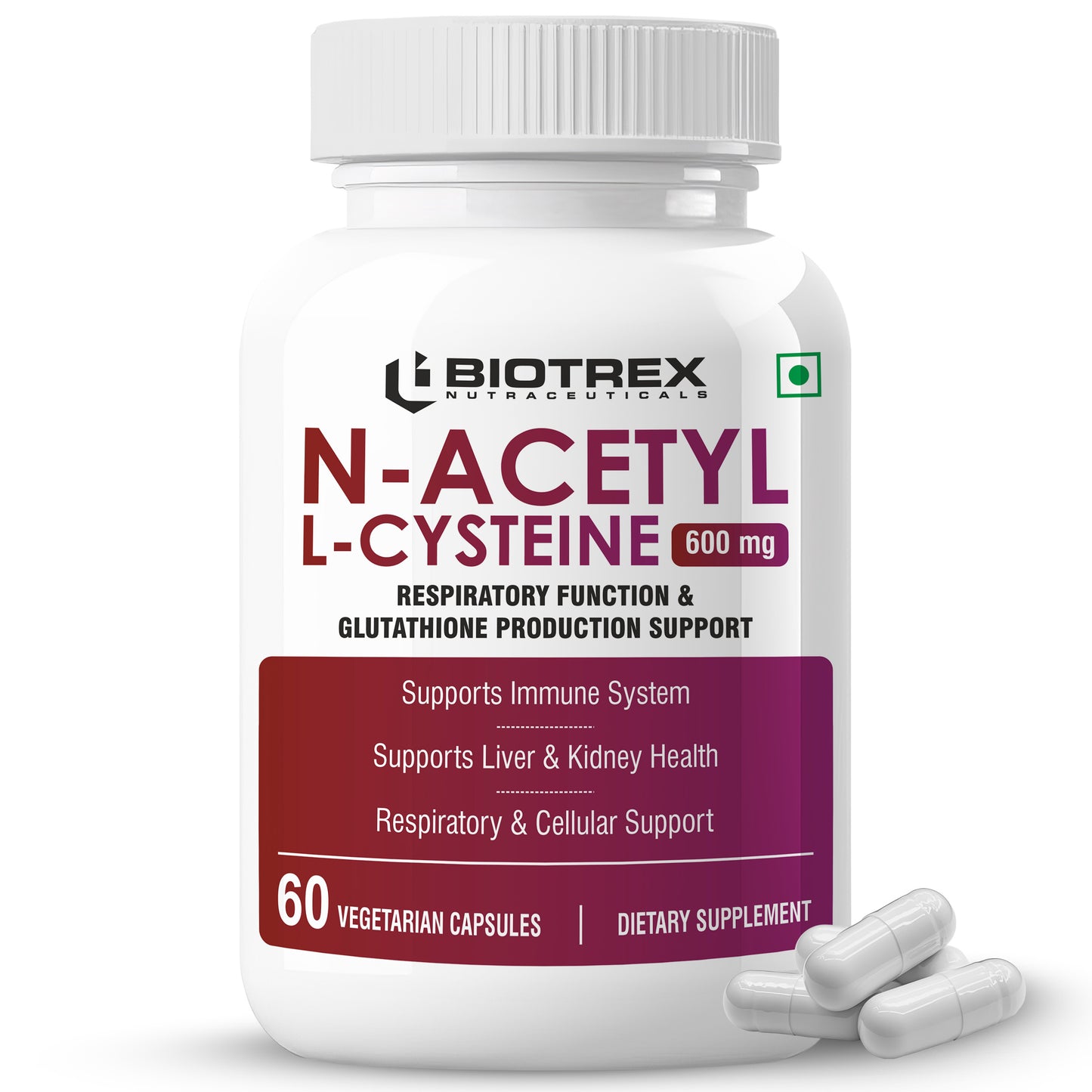 Biotrex Nutraceuticals N Acetyl L-Cysteine (NAC) 600mg, Antioxidant Production | Liver & Kidney | Immunity, Respiratory & Cellular Support - 60 Veg Capsules