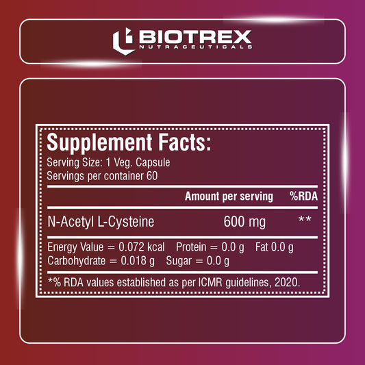 Biotrex Nutraceuticals N Acetyl L-Cysteine (NAC) 600mg, Antioxidant Production | Liver & Kidney | Immunity, Respiratory & Cellular Support - 60 Veg Capsules