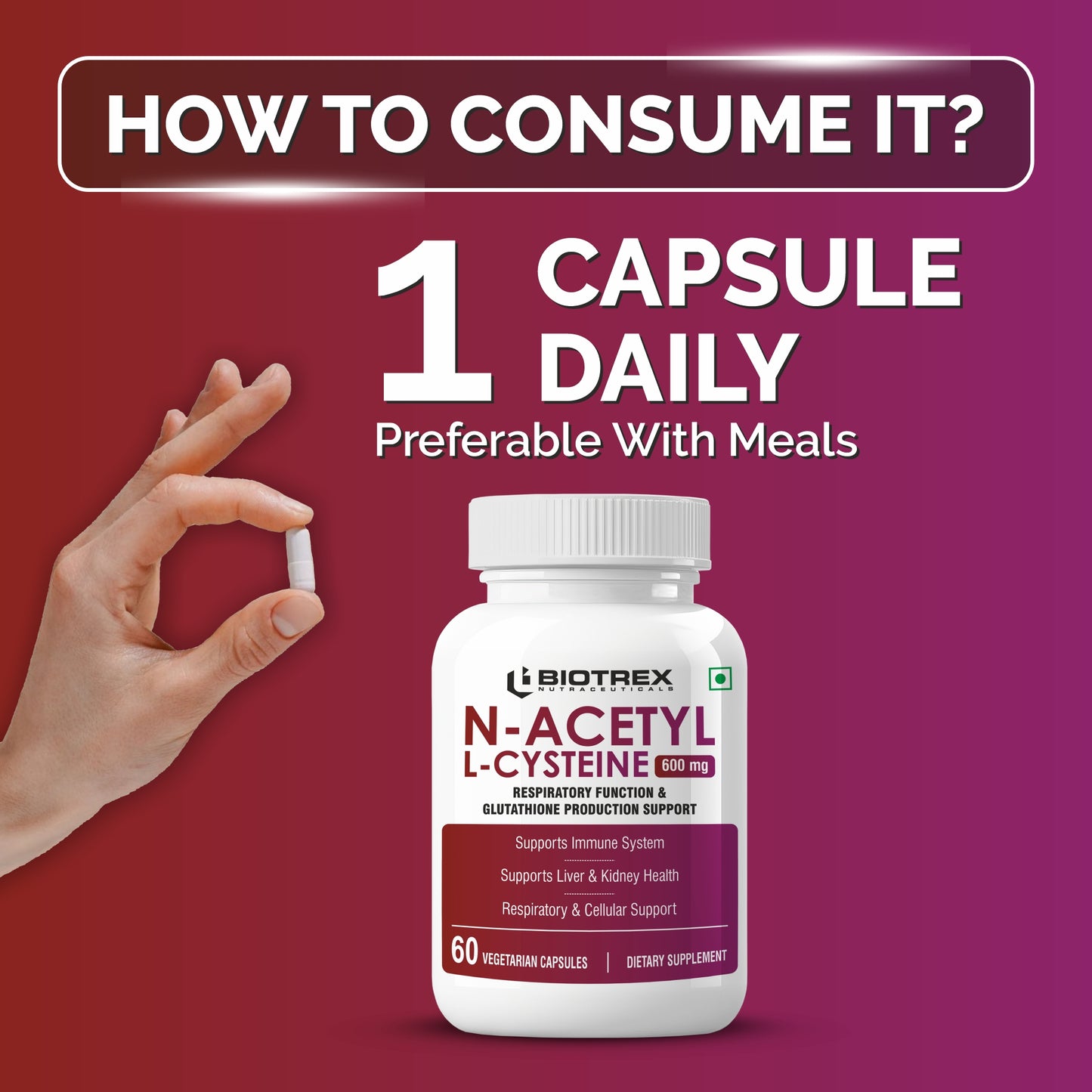 Biotrex Nutraceuticals N Acetyl L-Cysteine (NAC) 600mg, Antioxidant Production | Liver & Kidney | Immunity, Respiratory & Cellular Support - 60 Veg Capsules