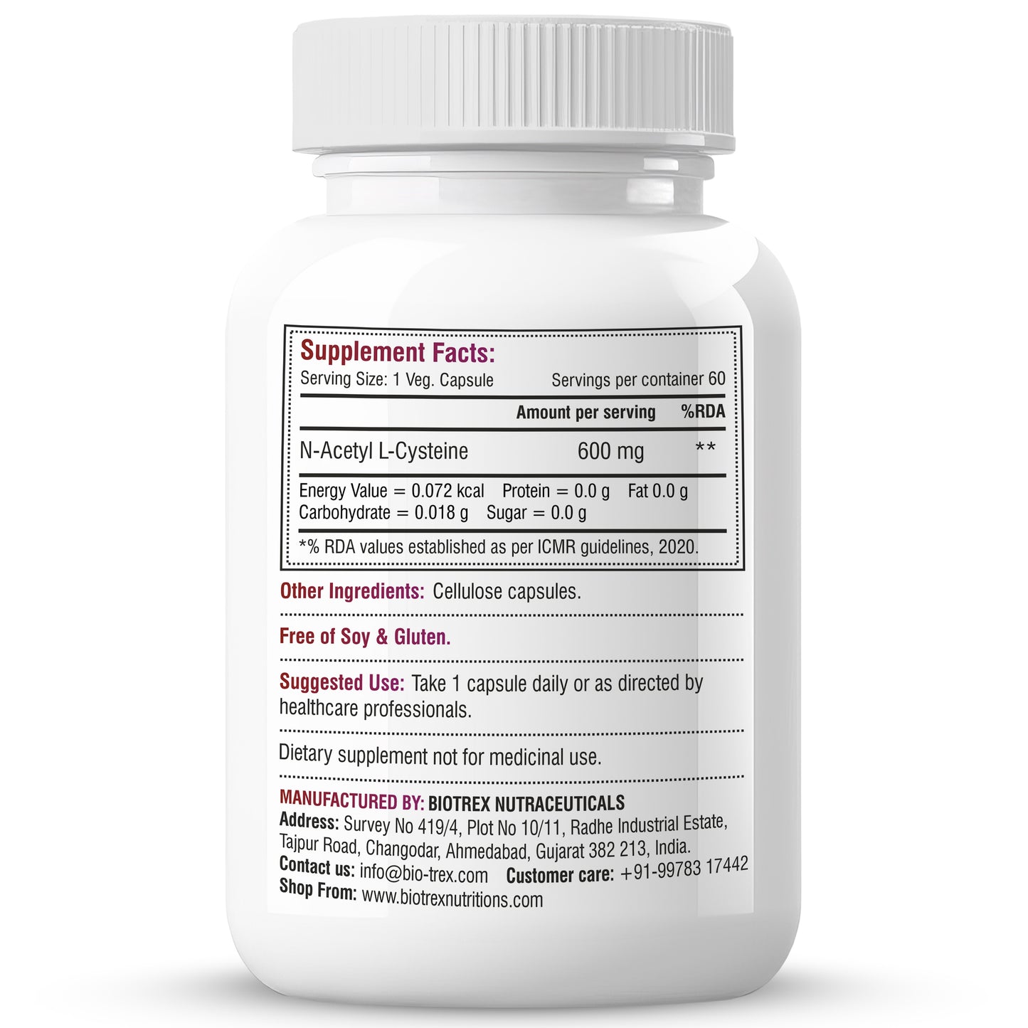 Biotrex Nutraceuticals N Acetyl L-Cysteine (NAC) 600mg, Antioxidant Production | Liver & Kidney | Immunity, Respiratory & Cellular Support - 60 Veg Capsules