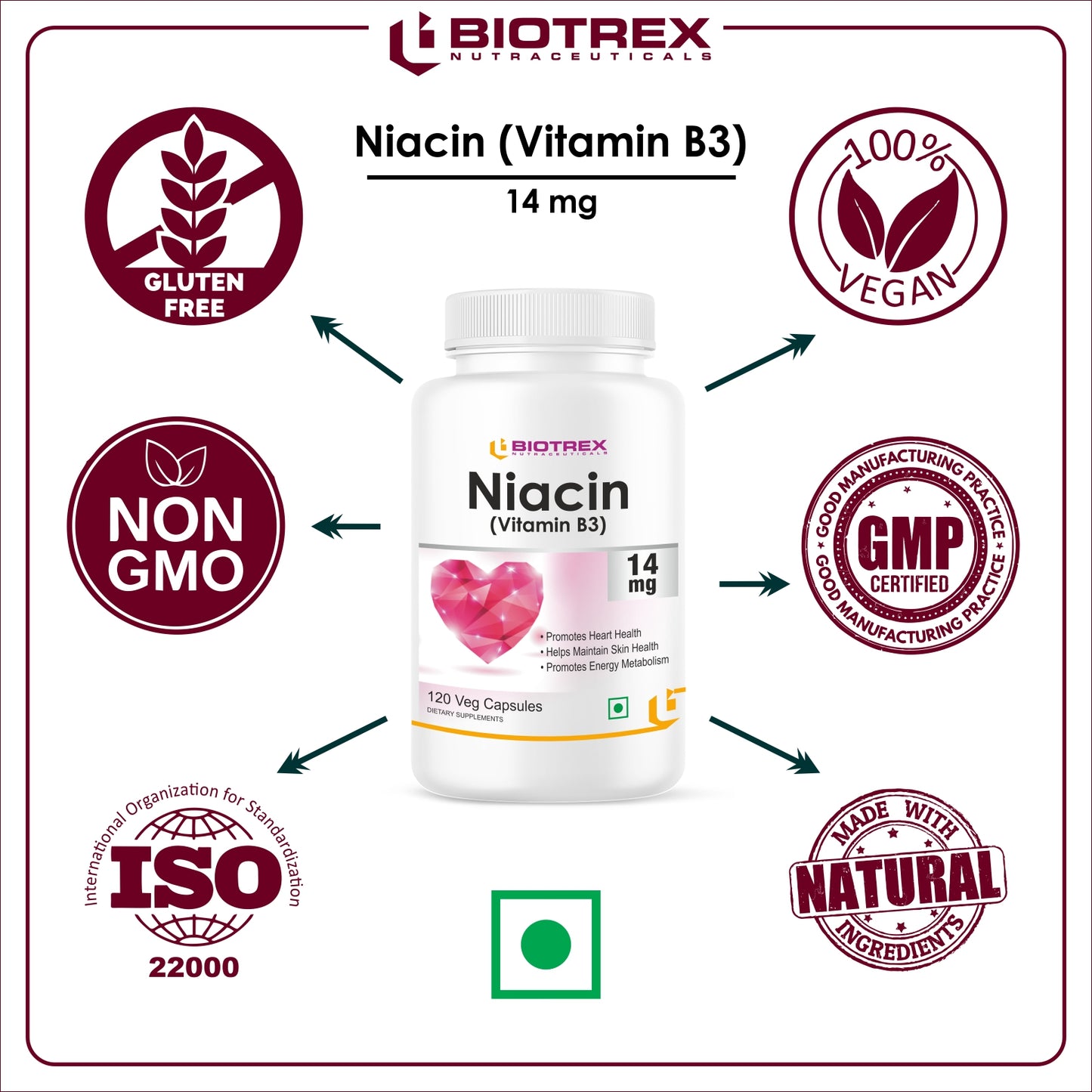 Biotrex Nutraceuticals Niacin 14mg Vitamin B3 With Inositol 50mg Supplement | for Vascularity & Increase Cellular Energy, Non-GMO, Gluten Free, As Per RDA Allowance - 120 Veg Capsules